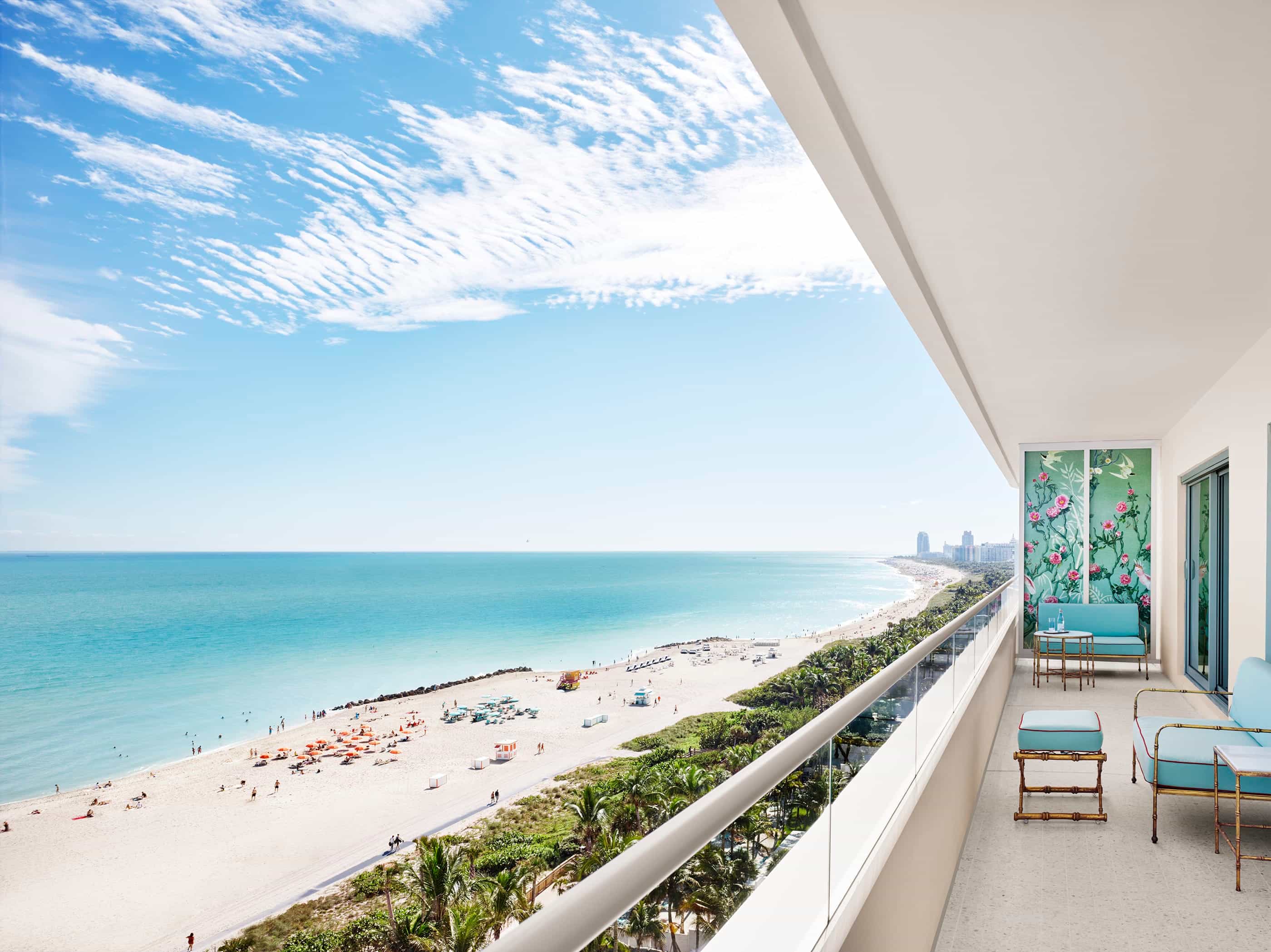 A hotel balcony overlooking Miami beach