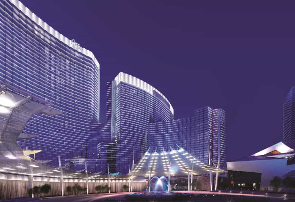 The illuminated facade of a hotel at night