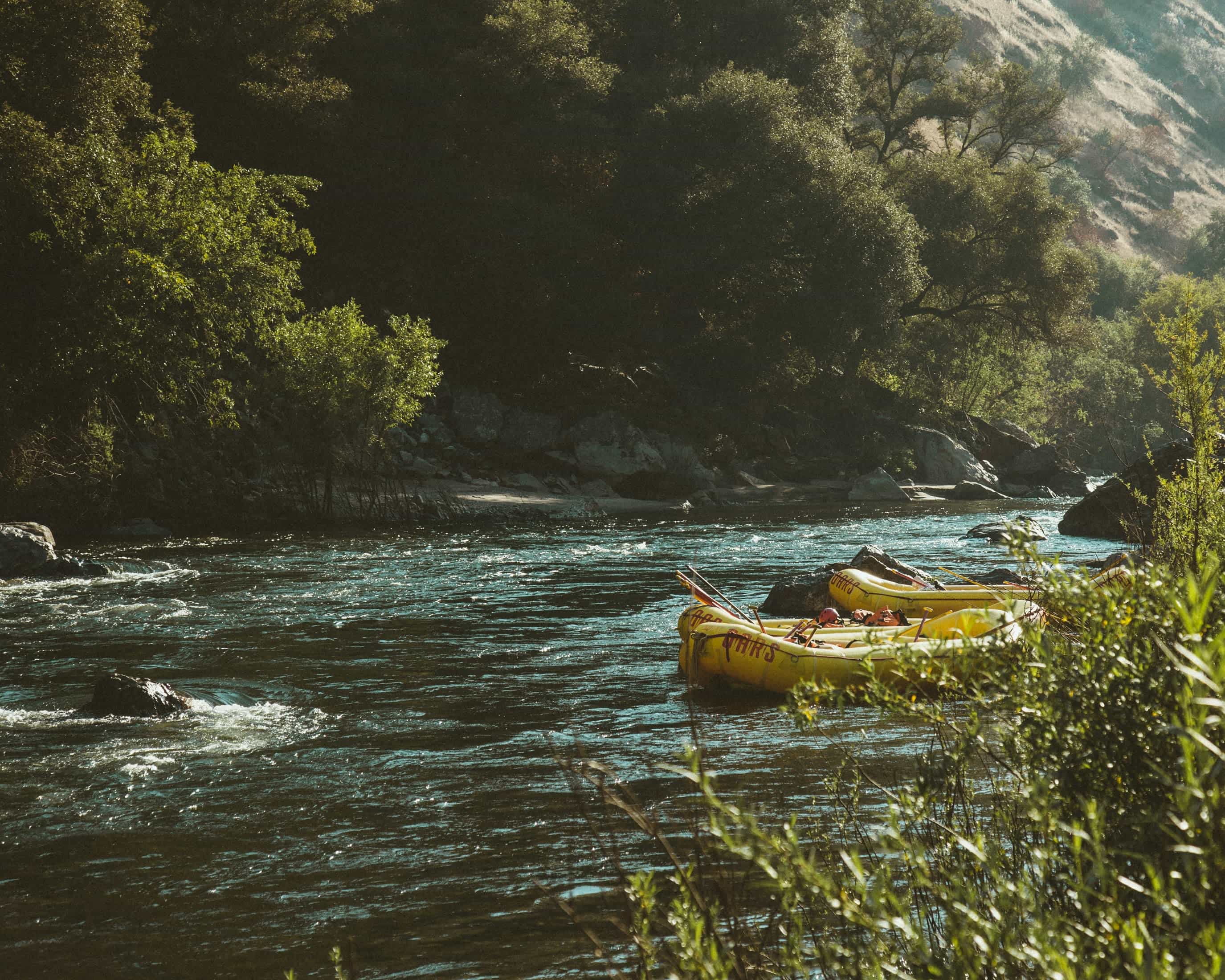 Yellow rafts on the edge of a river with green trees in the background