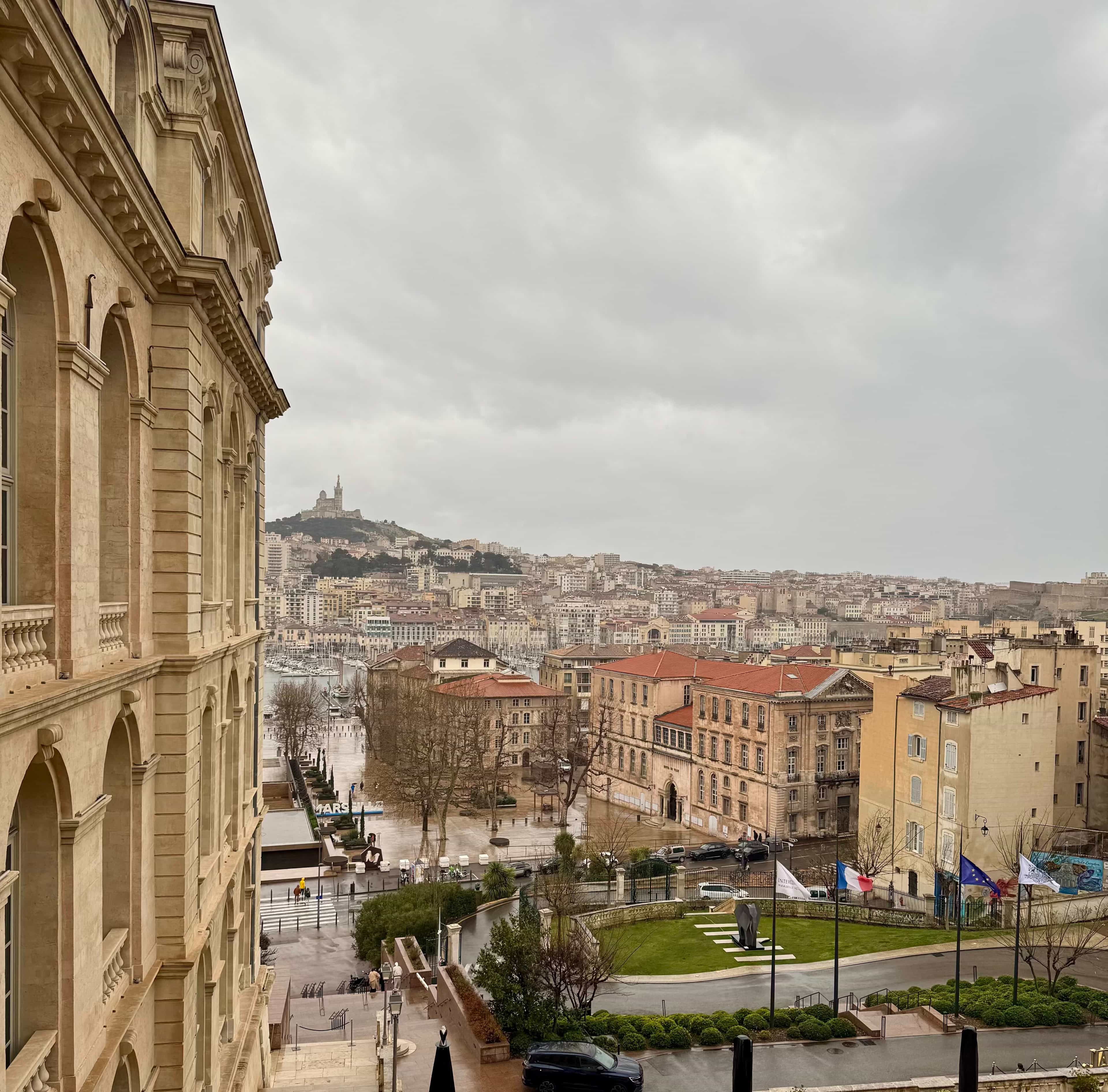 view of a French town on a rainy day