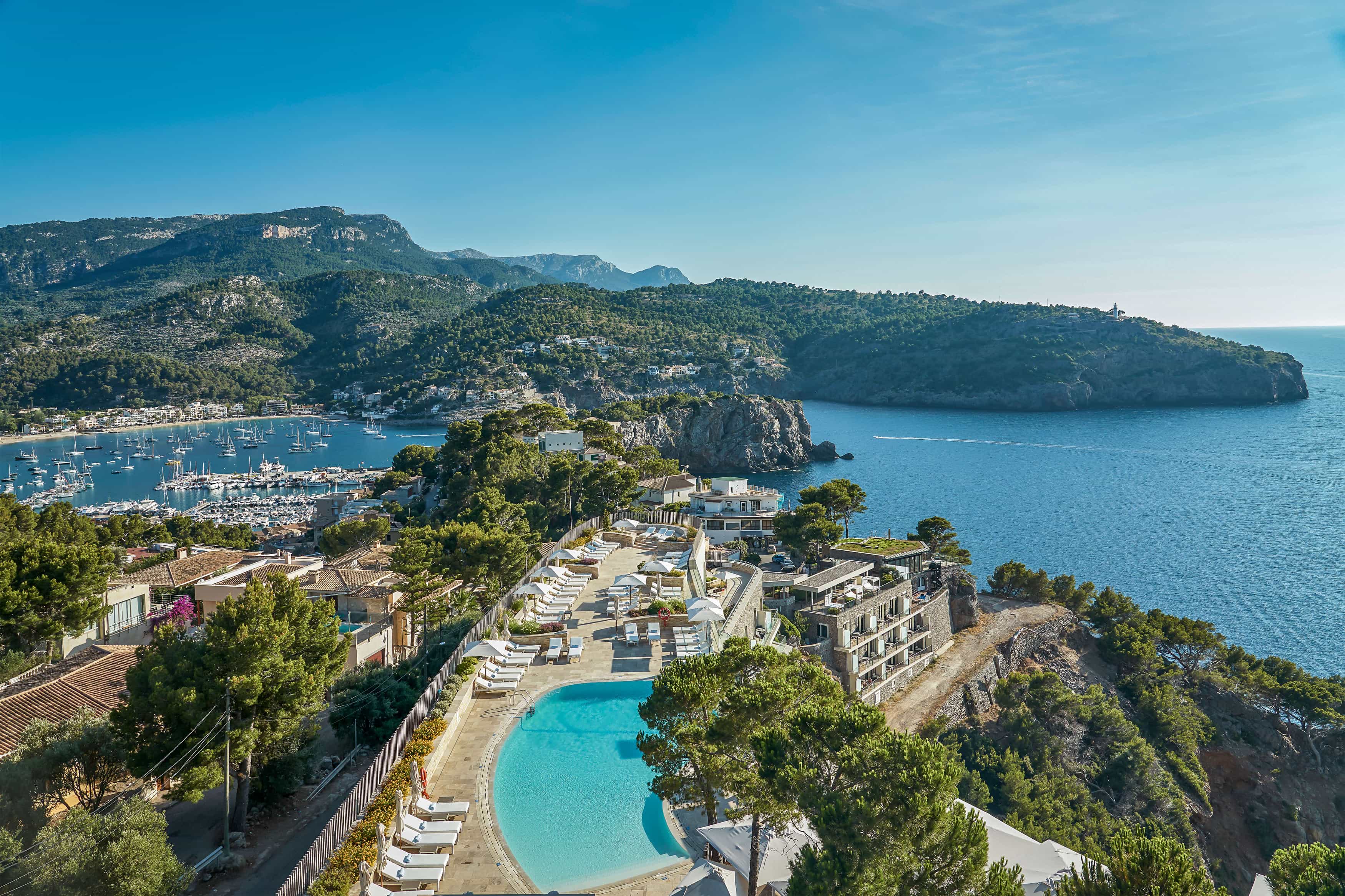 aerial view of a pool overlooking the ocean
