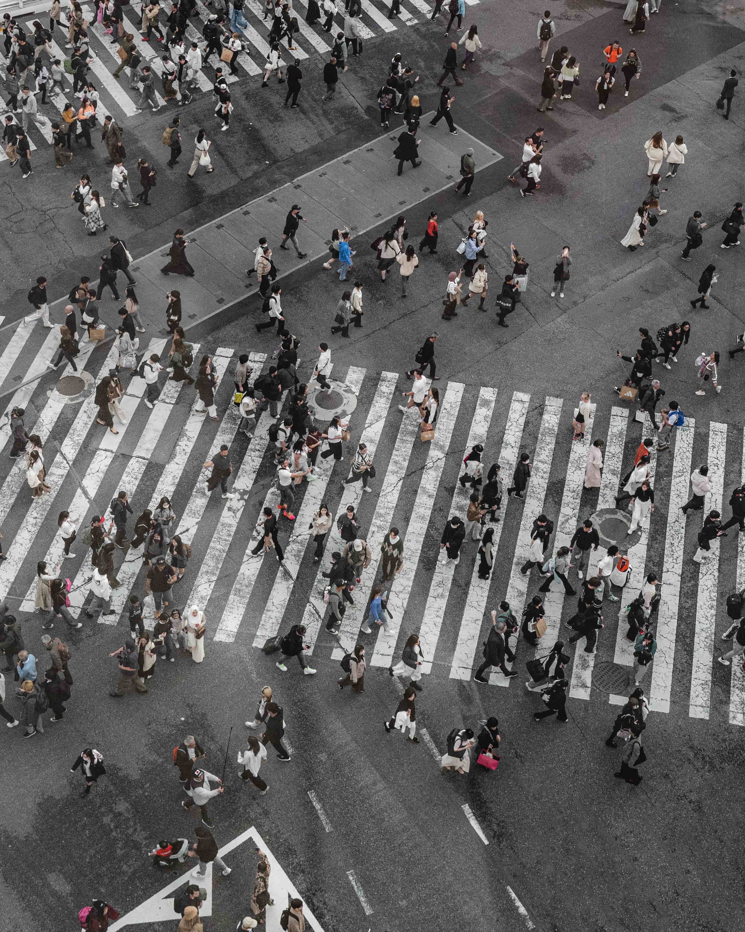 aerial view of people crossing a street