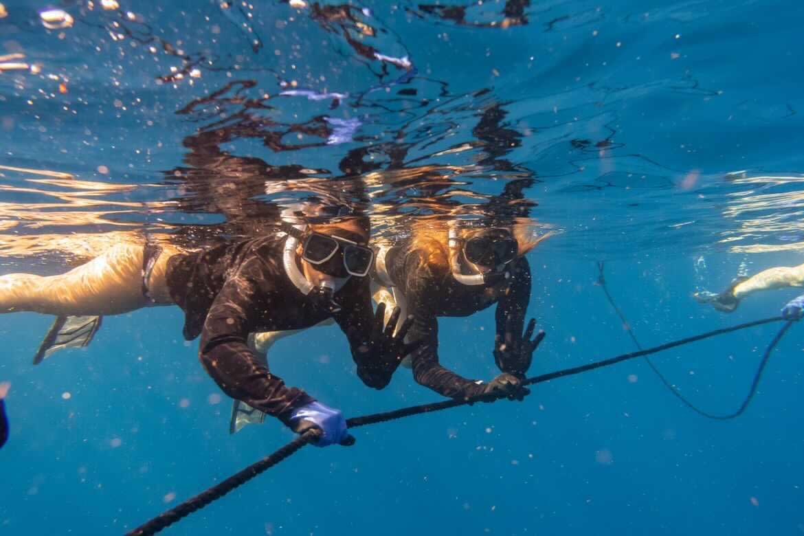 Advisor and another person snorkeling in clear blue ocean water