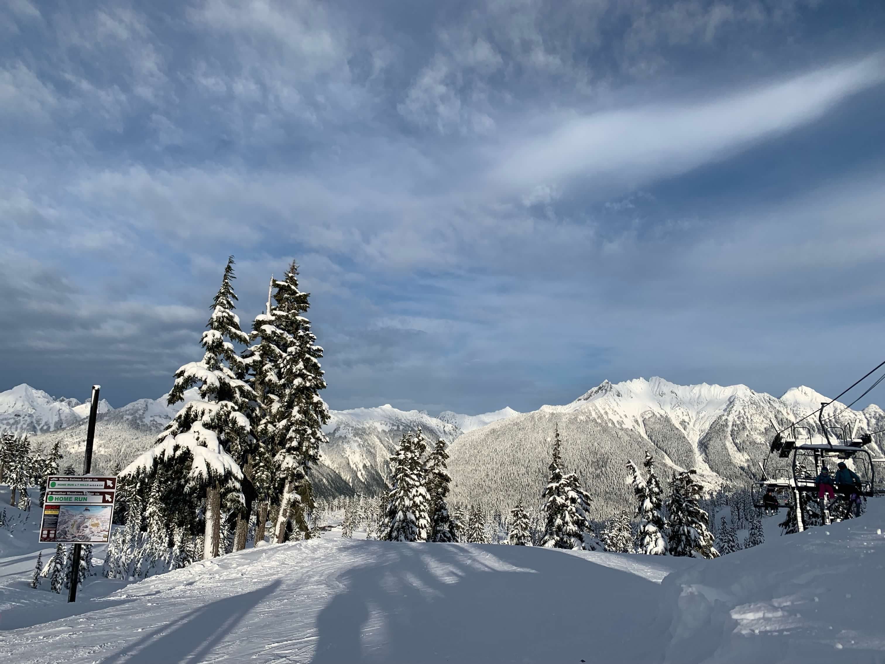 Evergreen trees covered in snow on a ski hill on a sunny day with sweeping clouds. 