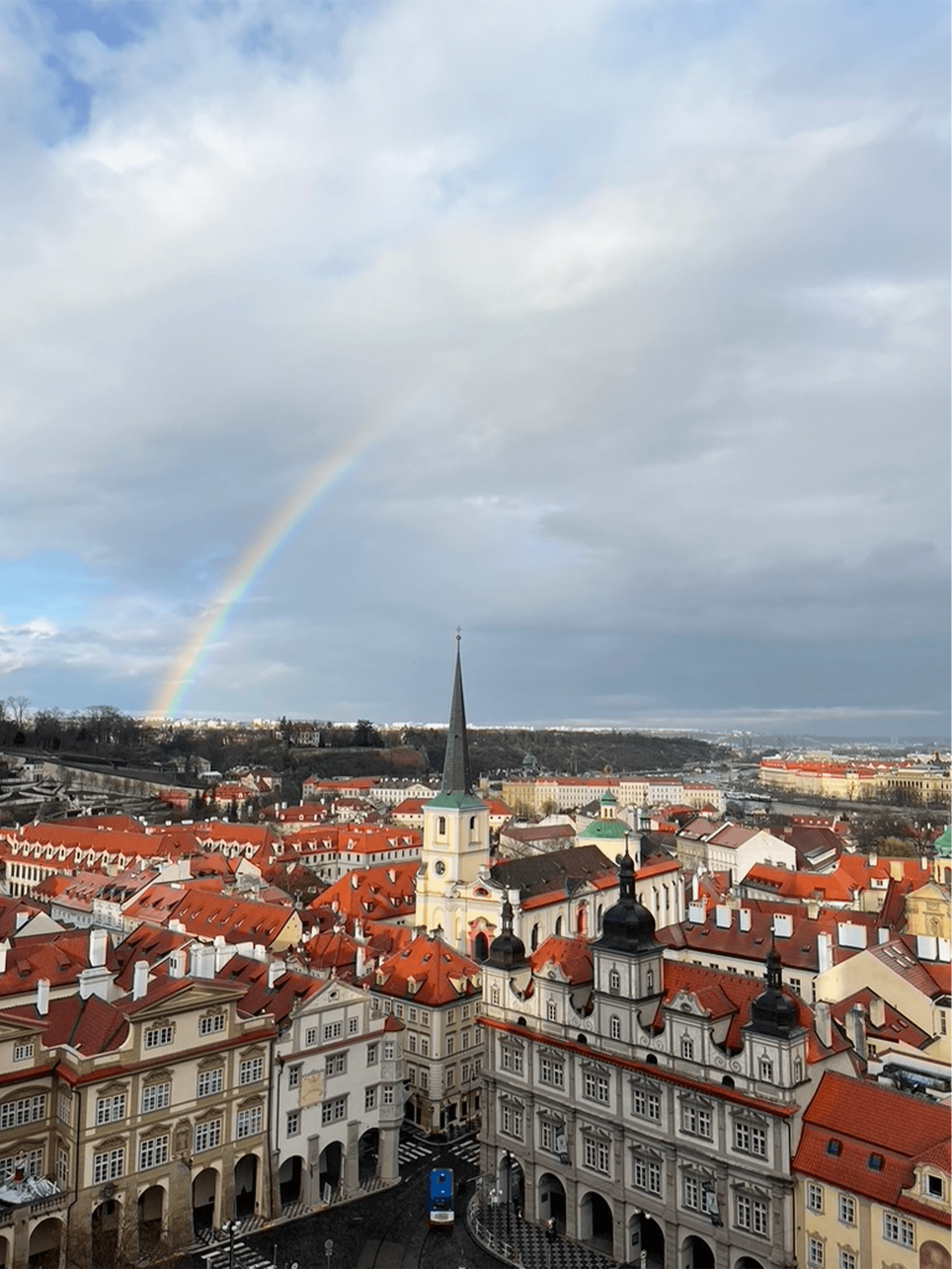 A rainbow over a beautiful cityscape