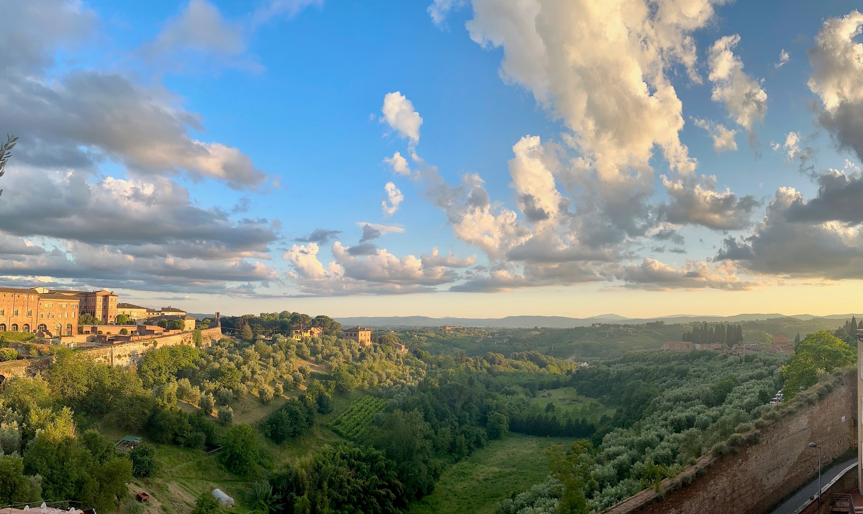 View of a town with lots of greenery In the background.