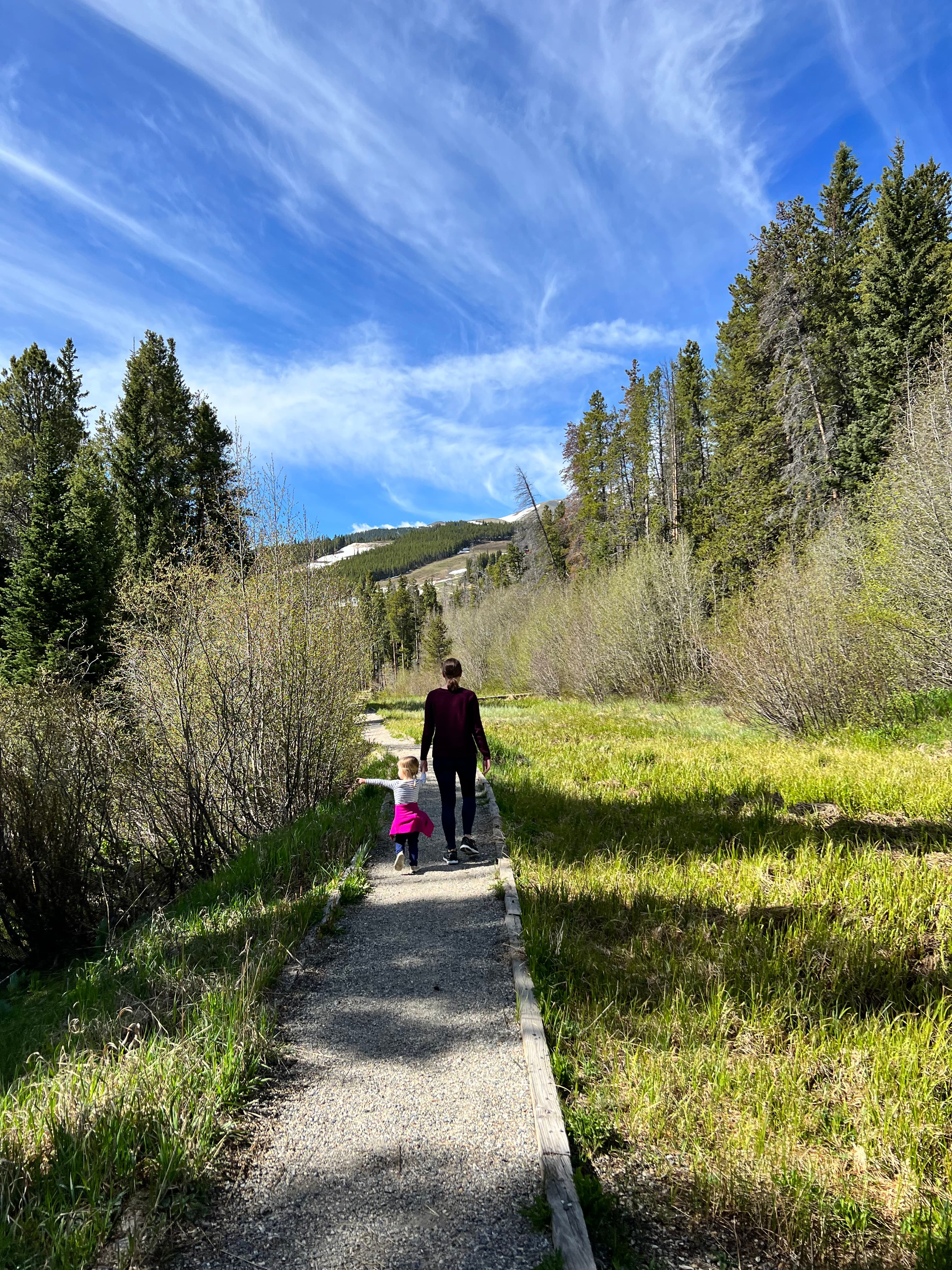 Advisor and a toddler walking on a gravel path through a field with trees surrounding and a blue sky overhead.
