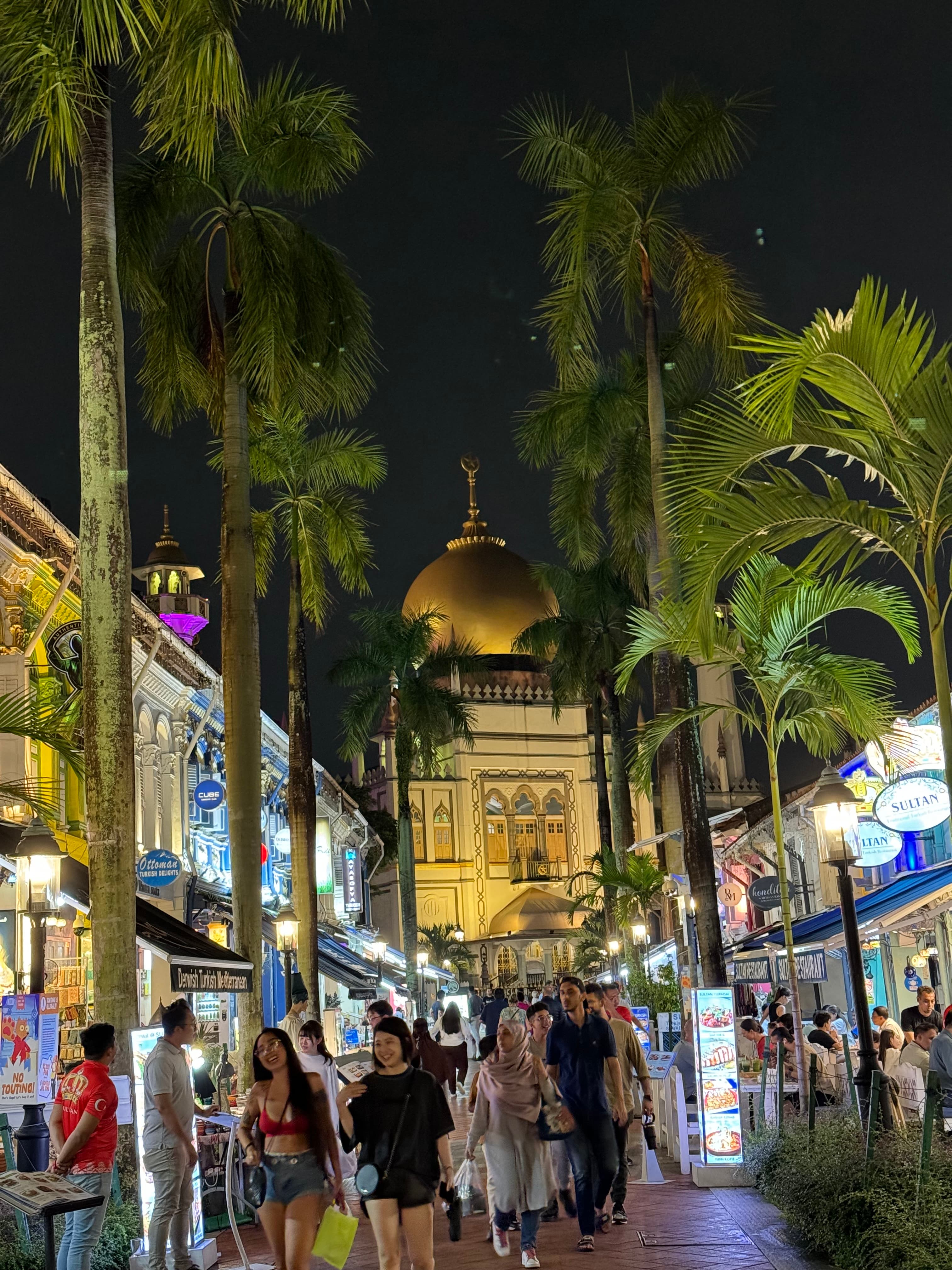 Palm trees line a brightly lit thoroughfare as tourists mill about the sidewalks. 