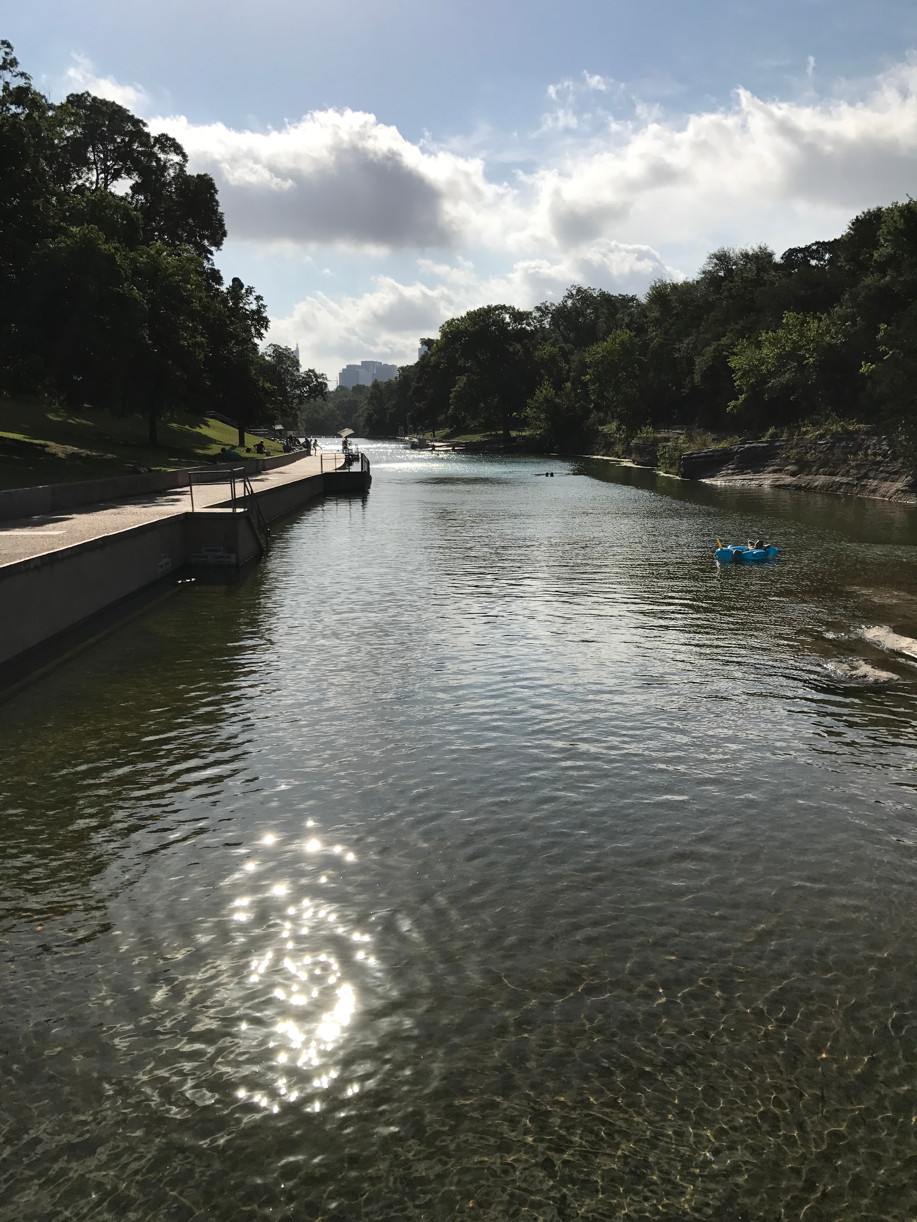 A view of a river on a sunny day, surrounded by rows of trees on either side. 