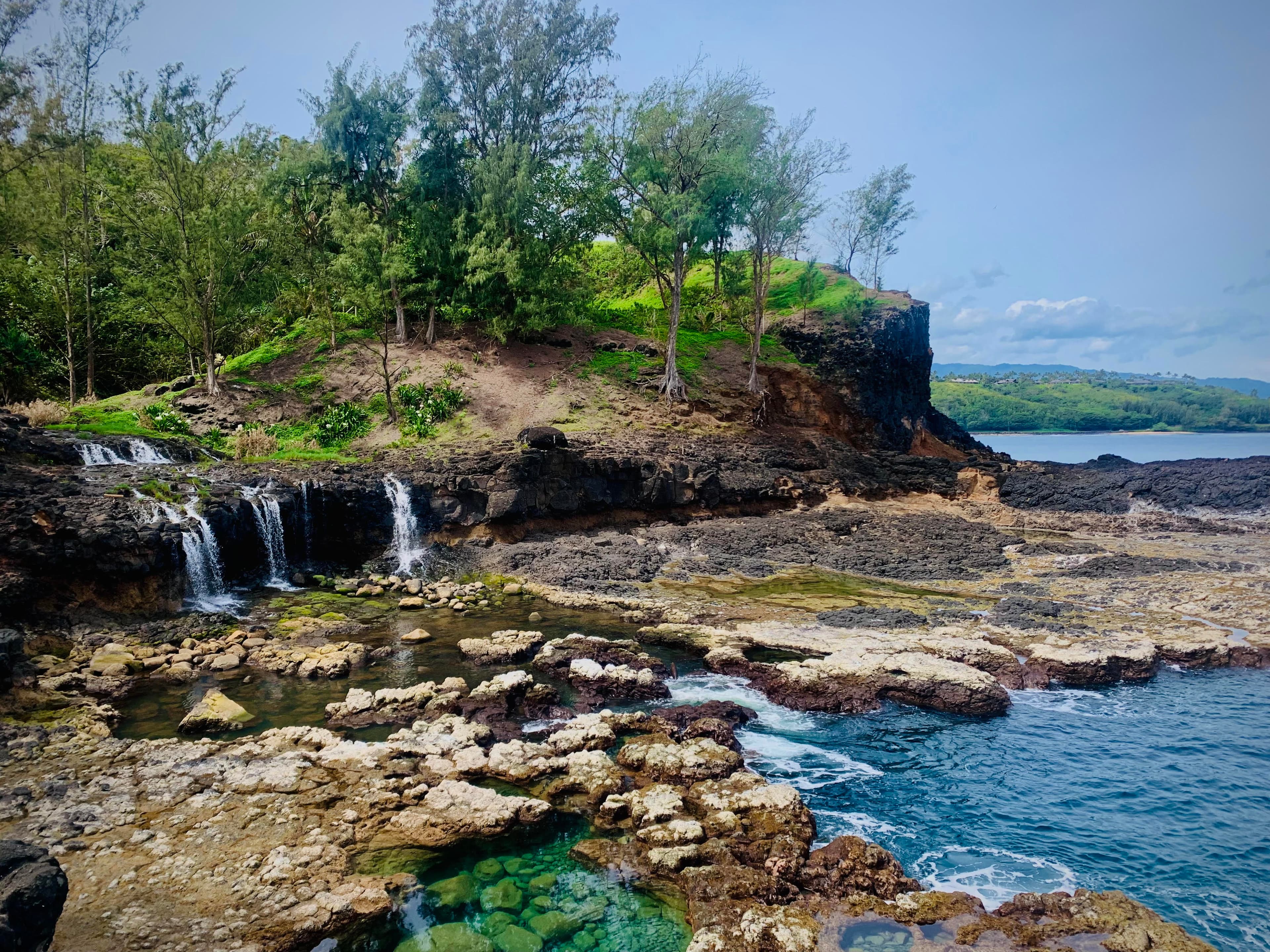 A view of three small waterfalls trickling down the bank of a small grassy hill across the ground into the water.