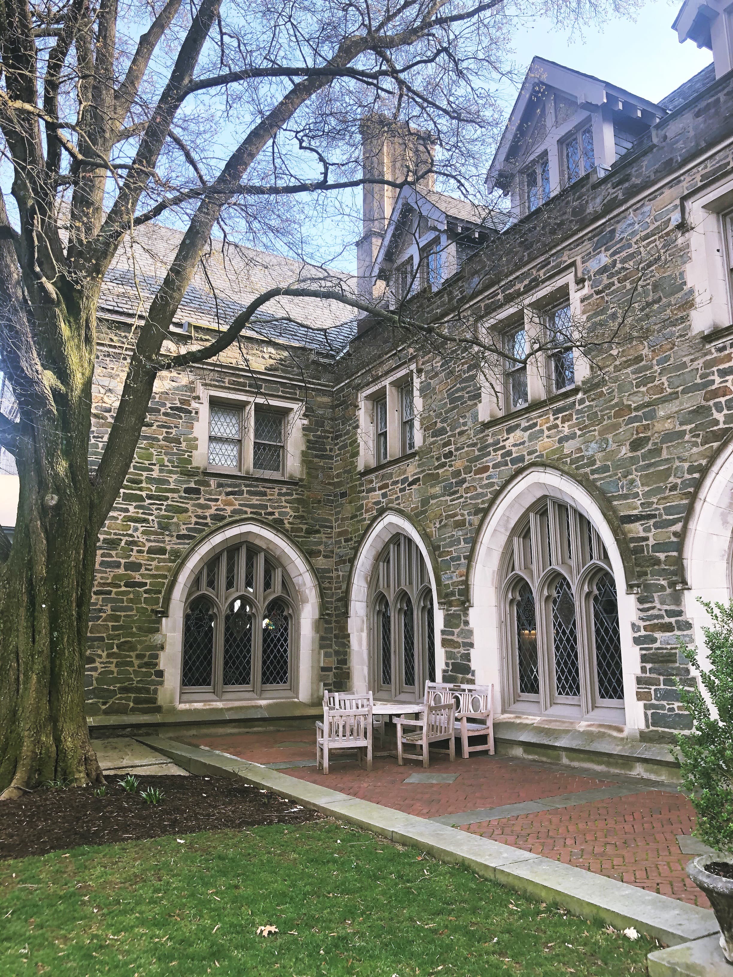 View of an old stone building with white archways
