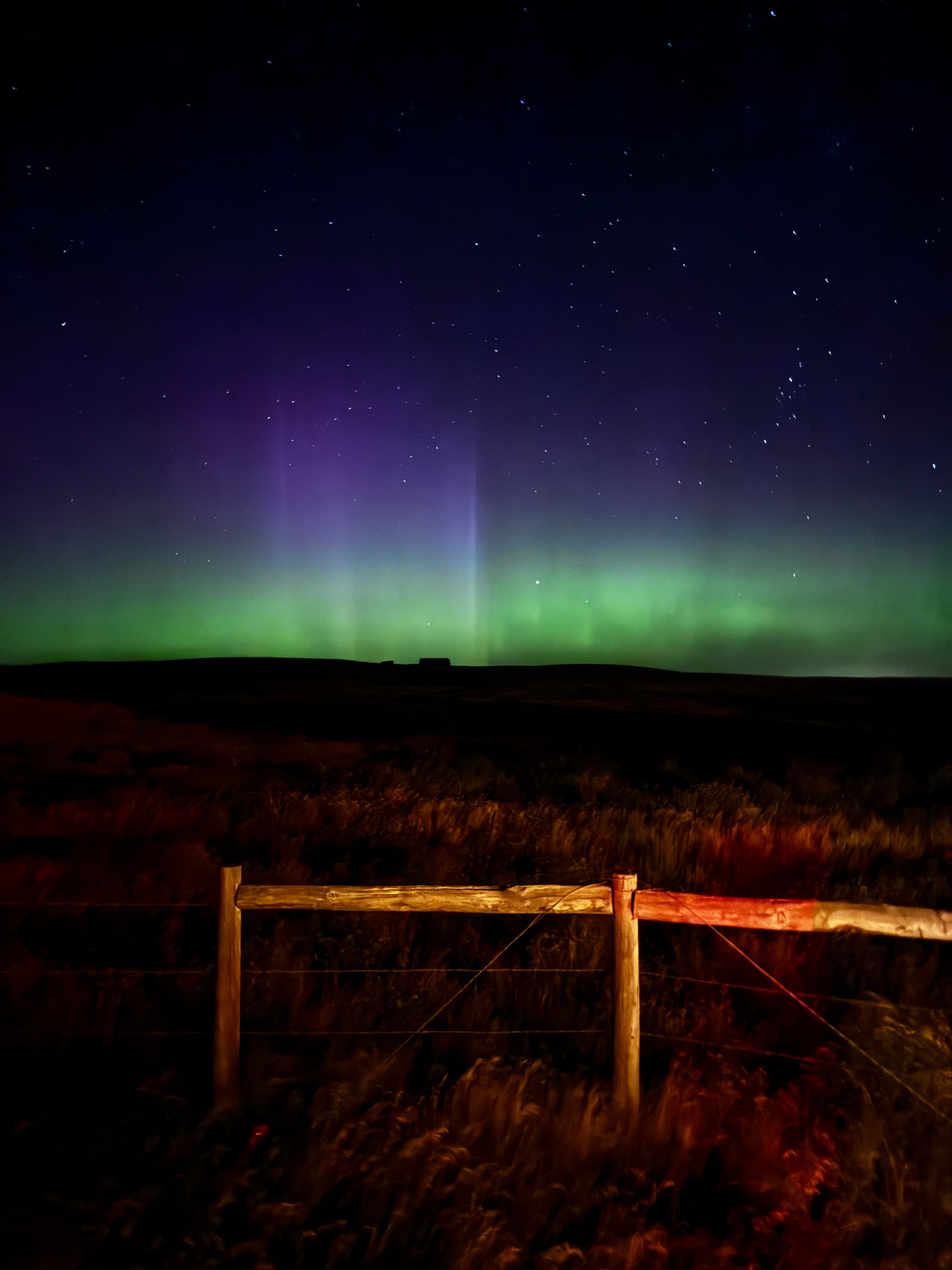 View of a bright green showing of the northern lights on a pitch dark night
