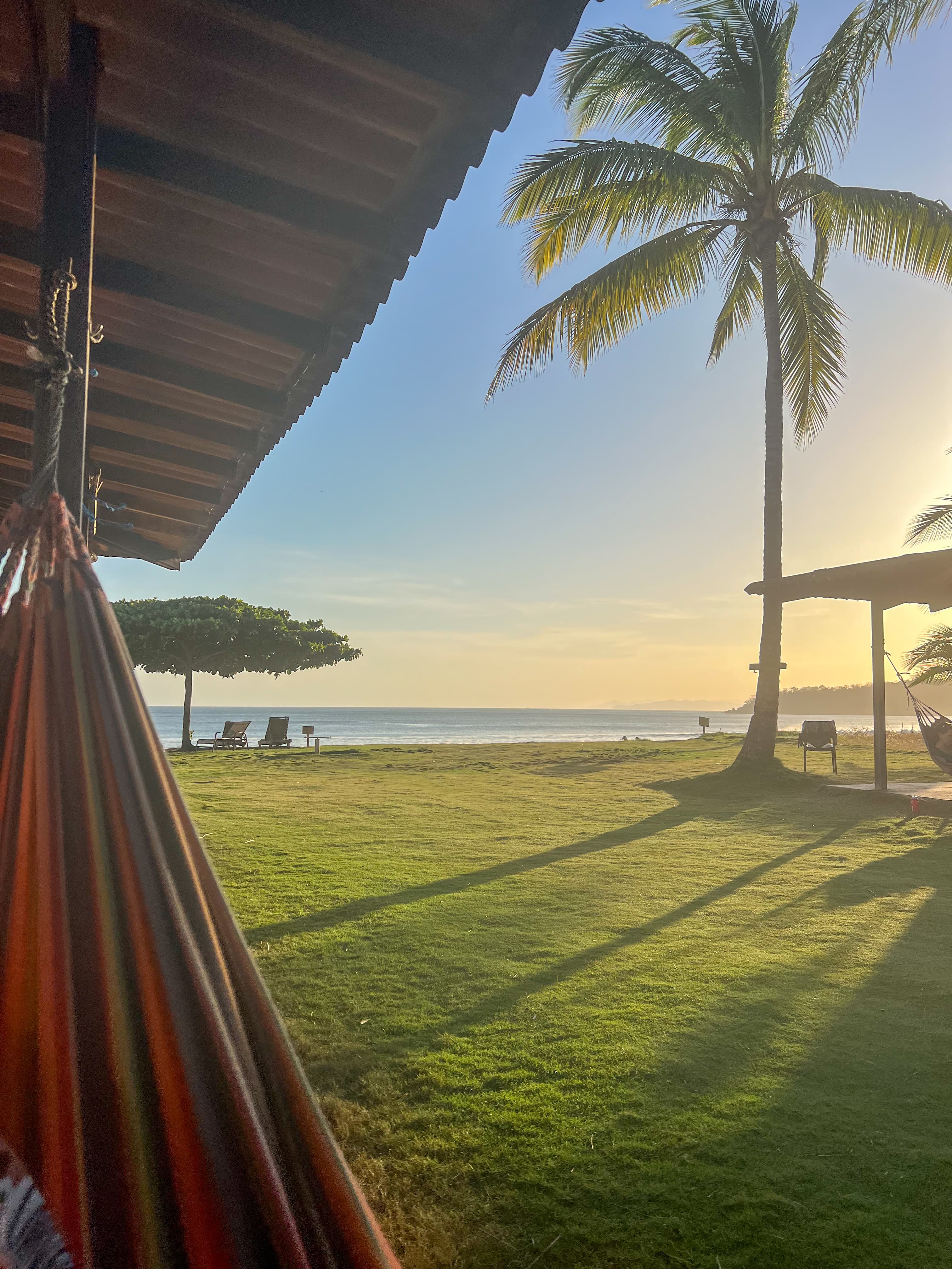 View of a palm tree and a sunset over the sea as seen from a hammock