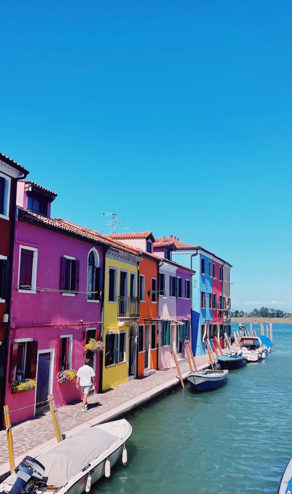 View of small colorful buildings along a harbor under clear skies