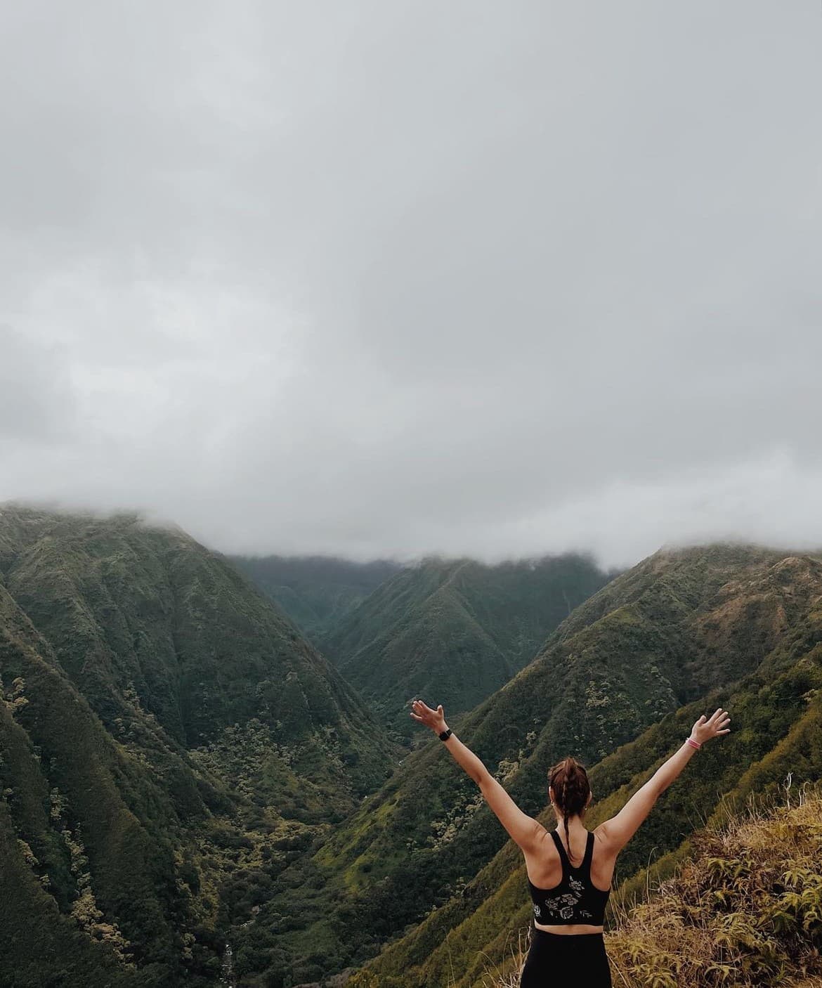 Advisor on a hike overlooking a lush green valley on a cloudy day with arms outstretched