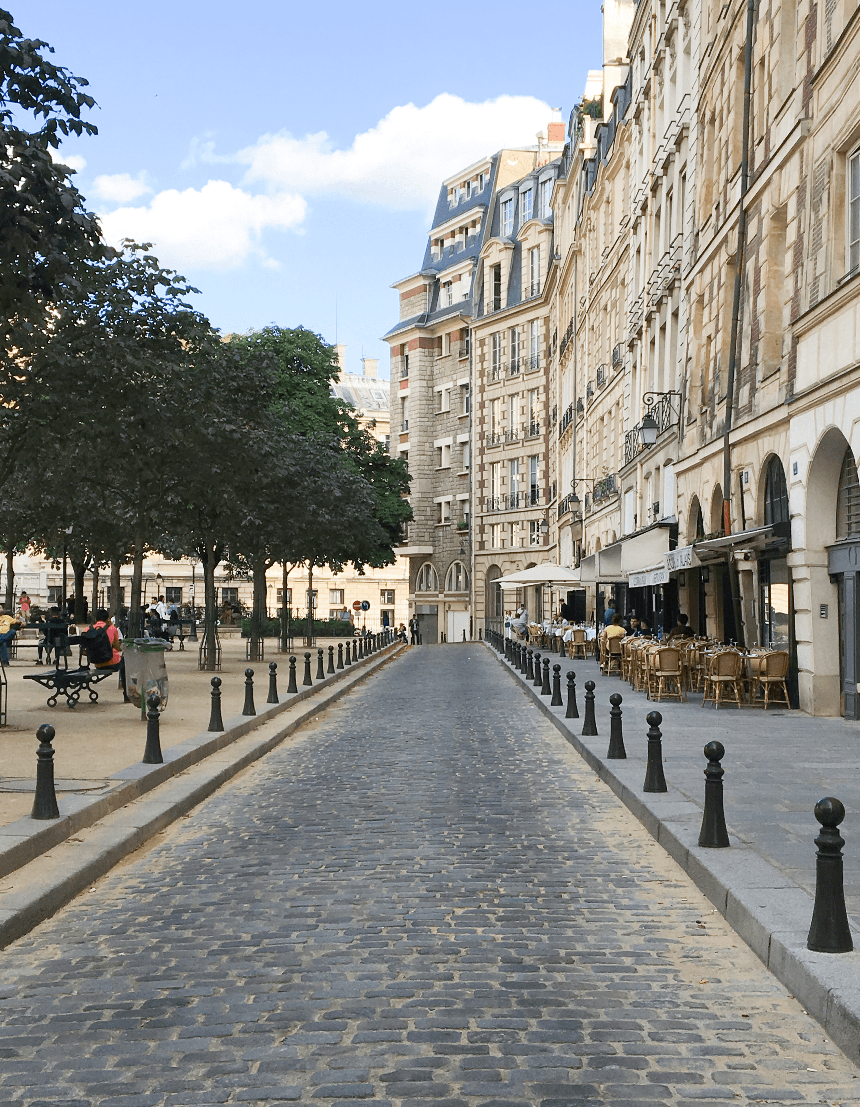 View of an empty cobblestone city street on a sunny day
