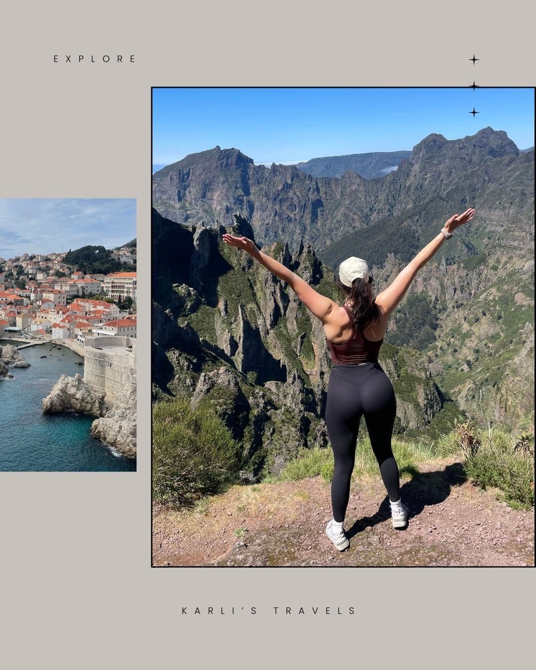 Advisor posing with arms raised overlooking a beautiful mountain range while on a hike