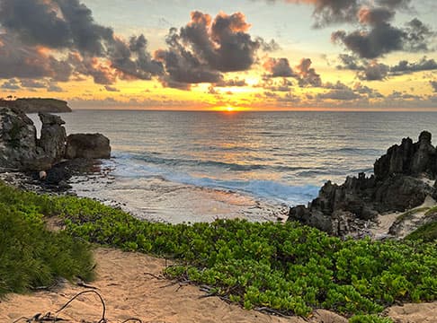 A rocky beach at sunset.