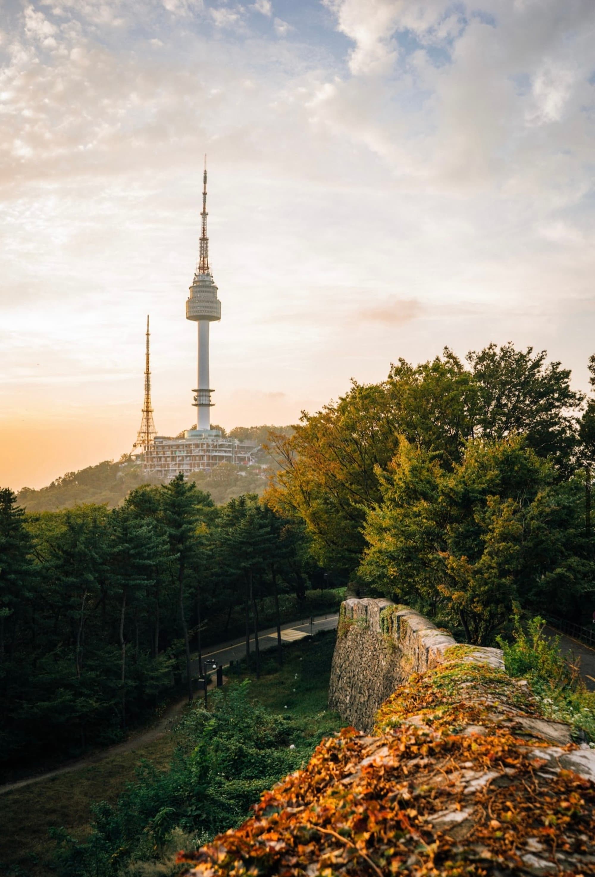A tall tower rises above a forested area with an old stone wall in the foreground during sunset.
