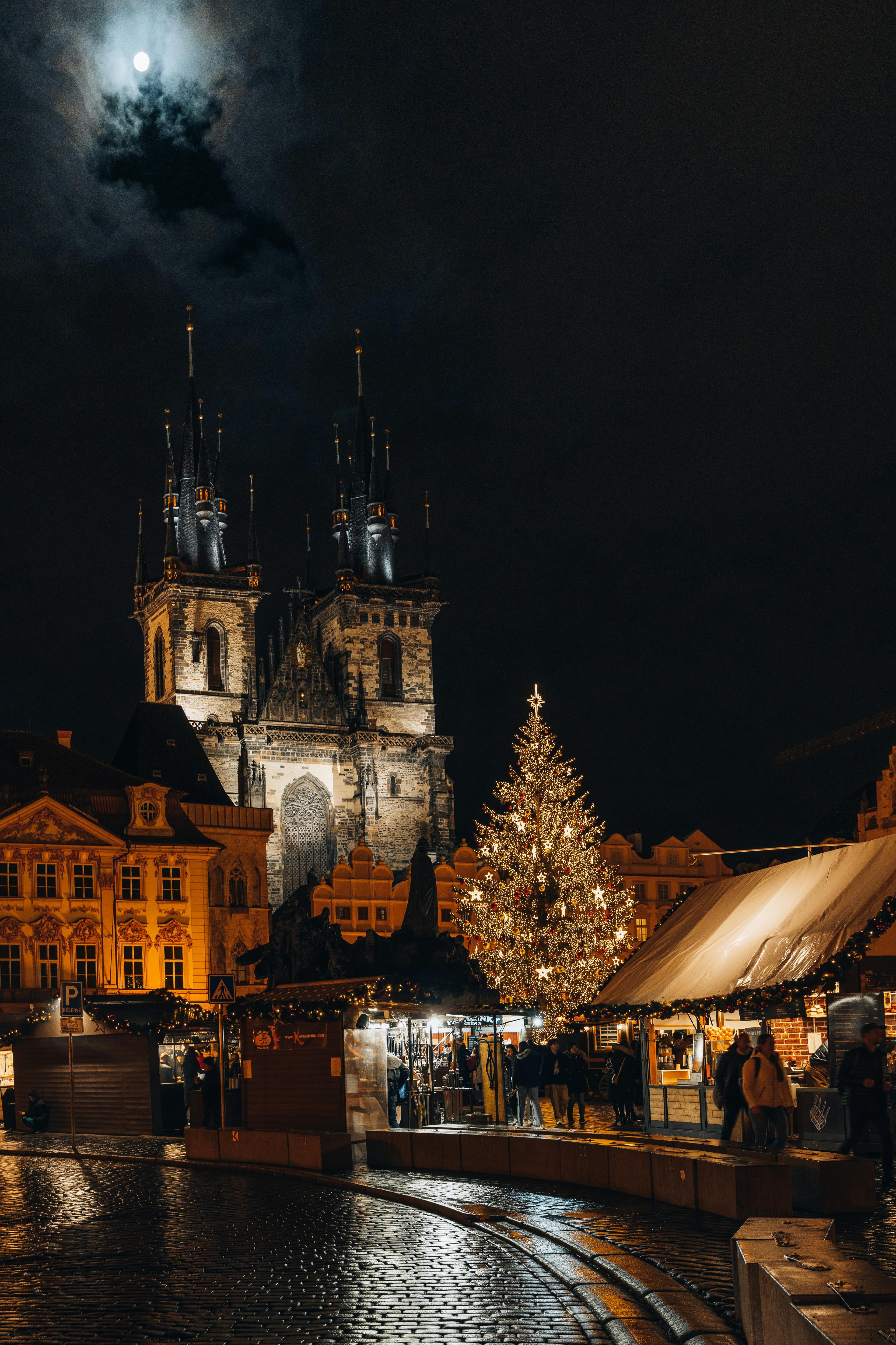 A night time view of a historic German town at night.