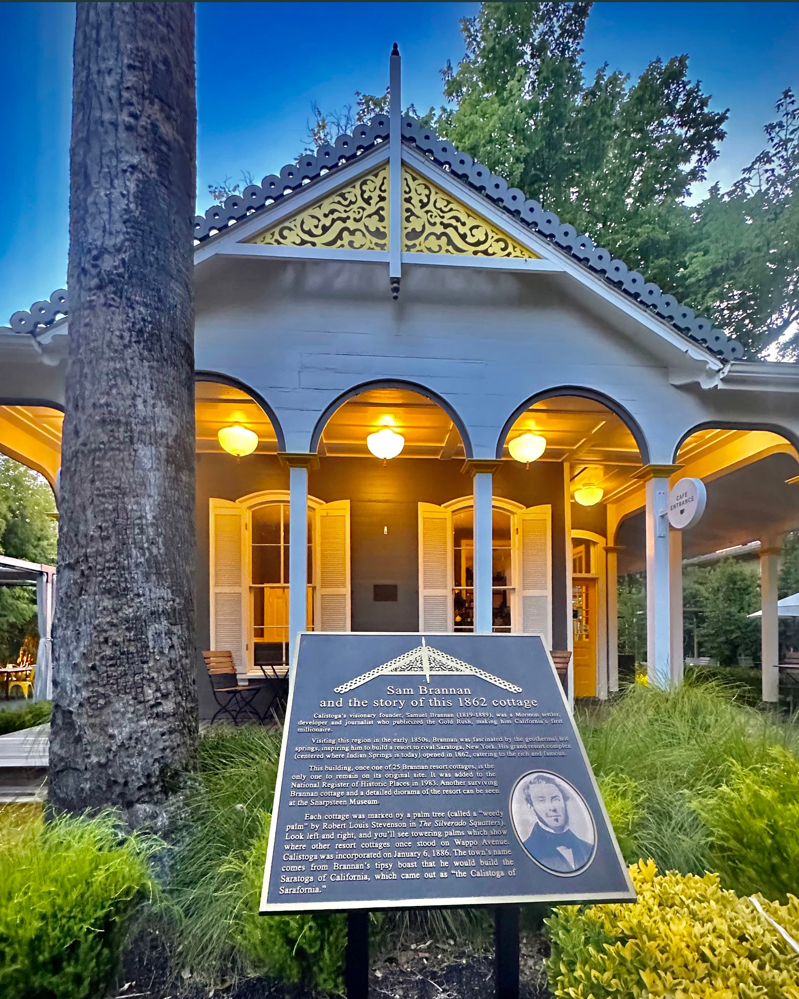 The Brannan sign at the historical cornerstone of Calistoga, Brannan Cottage Inn.