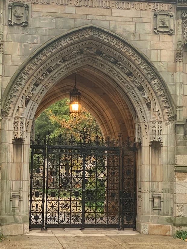 A black gate within an arched wall
