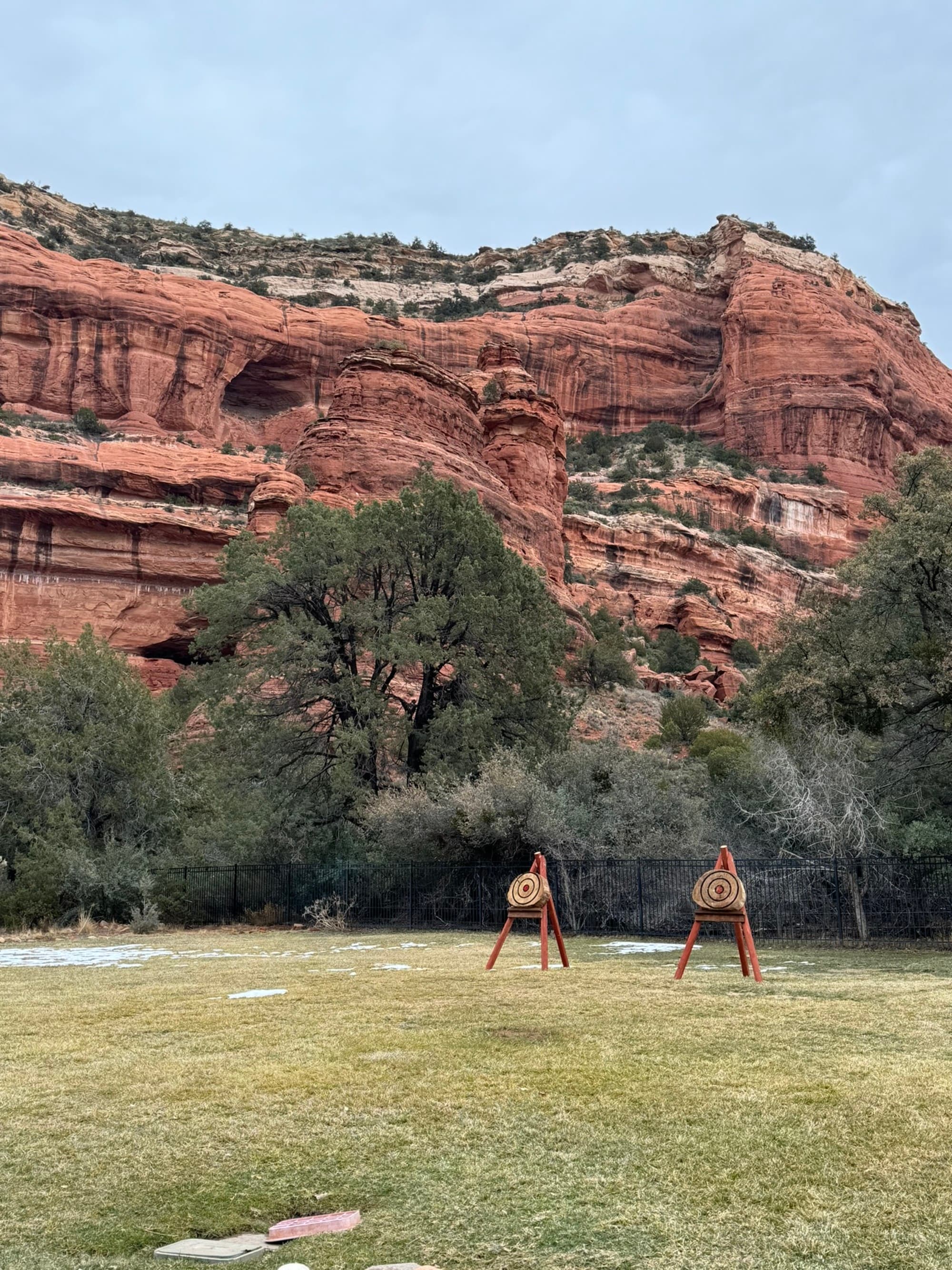 A picture of archery boards placed on the ground near a mountain during daytime.
