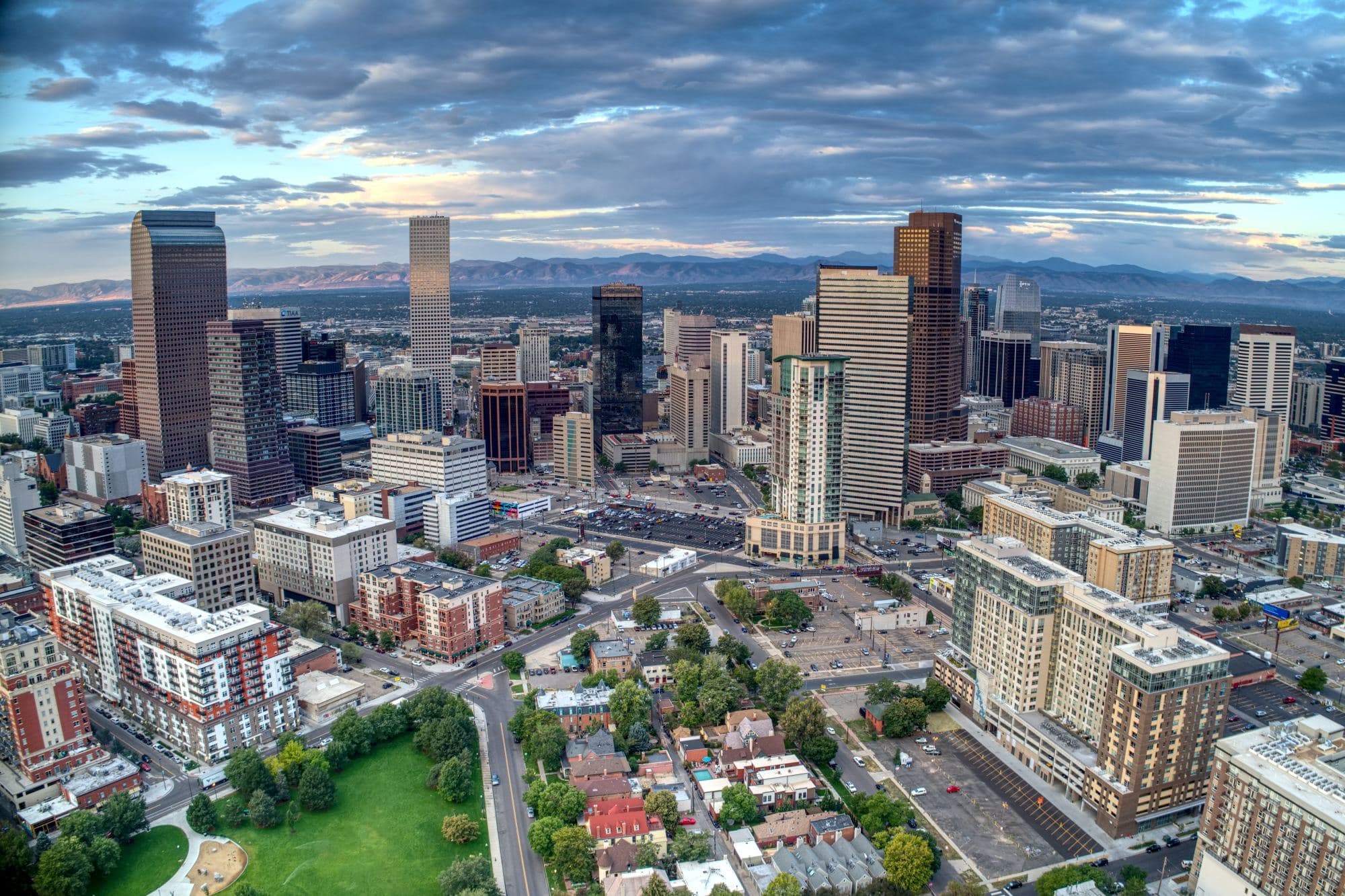 Aerial view of Denver's skyline.