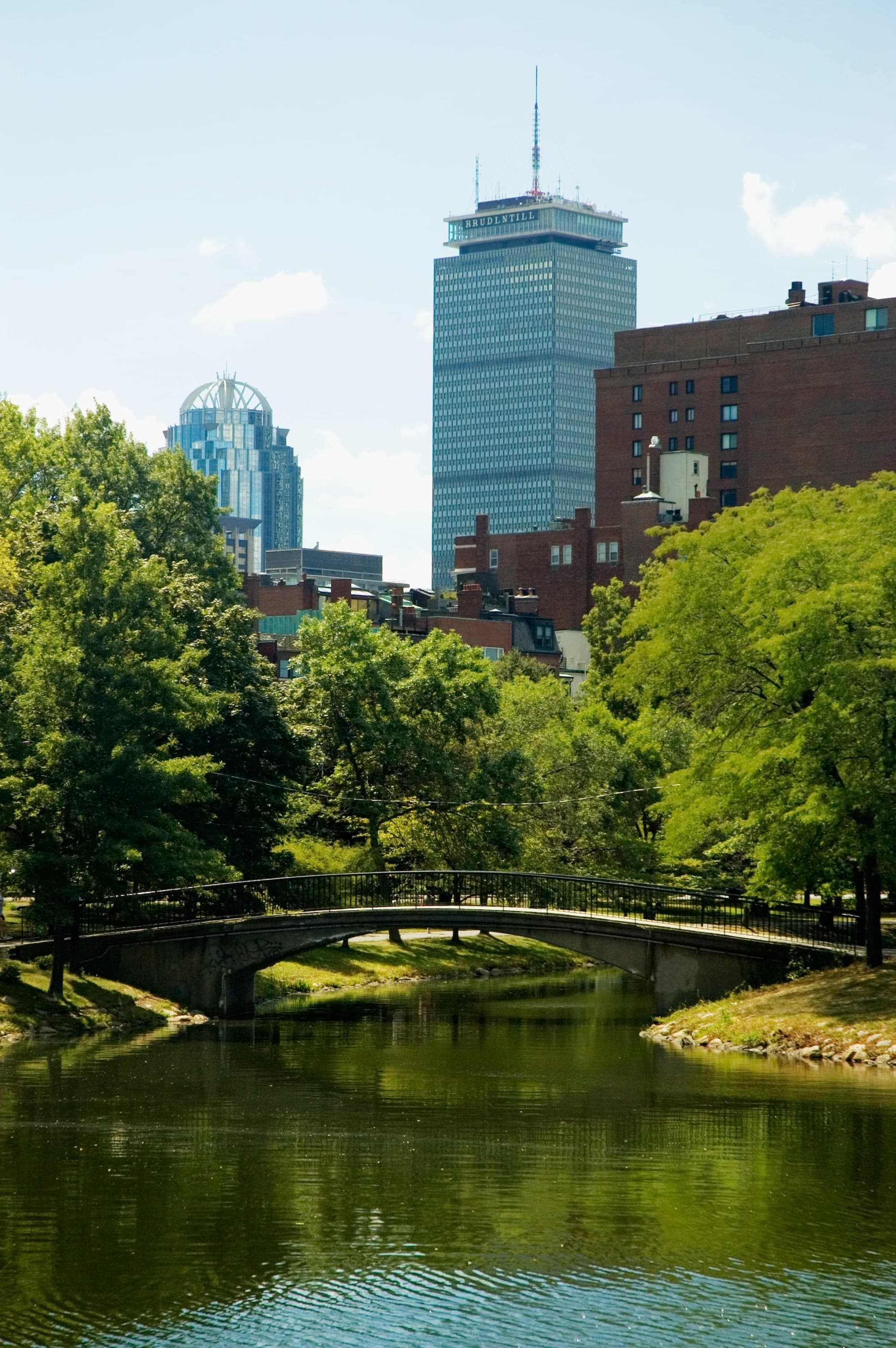 A serene urban park with a pond, arched bridge, lush greenery and modern buildings under a clear sky in Boston.