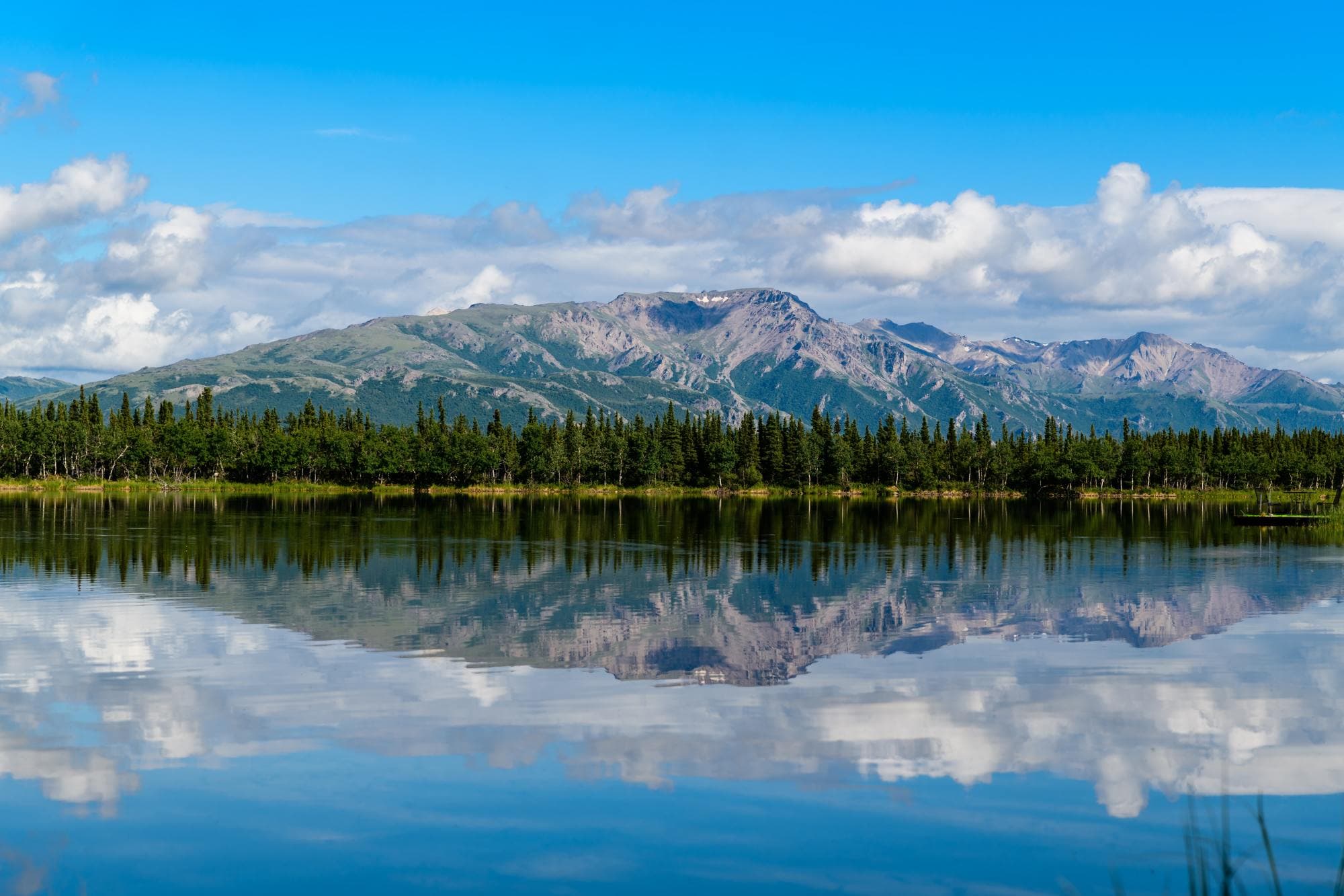 Mountain and trees in front of clear lake reflected.