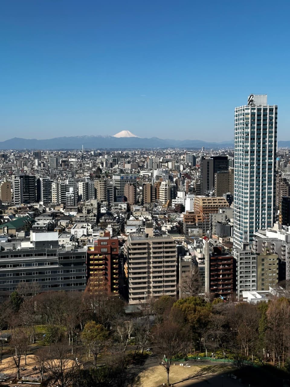 A view overlooking the city of Tokyo with Mt. Fuji in the distance on a clear blue day.