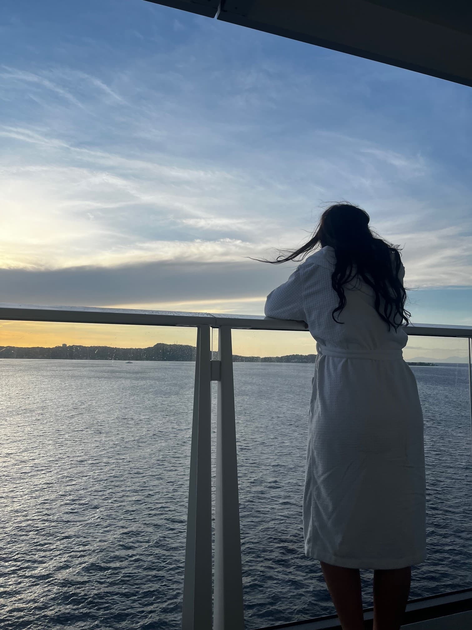 A person standing on a balcony of a cruise ship looking at the water