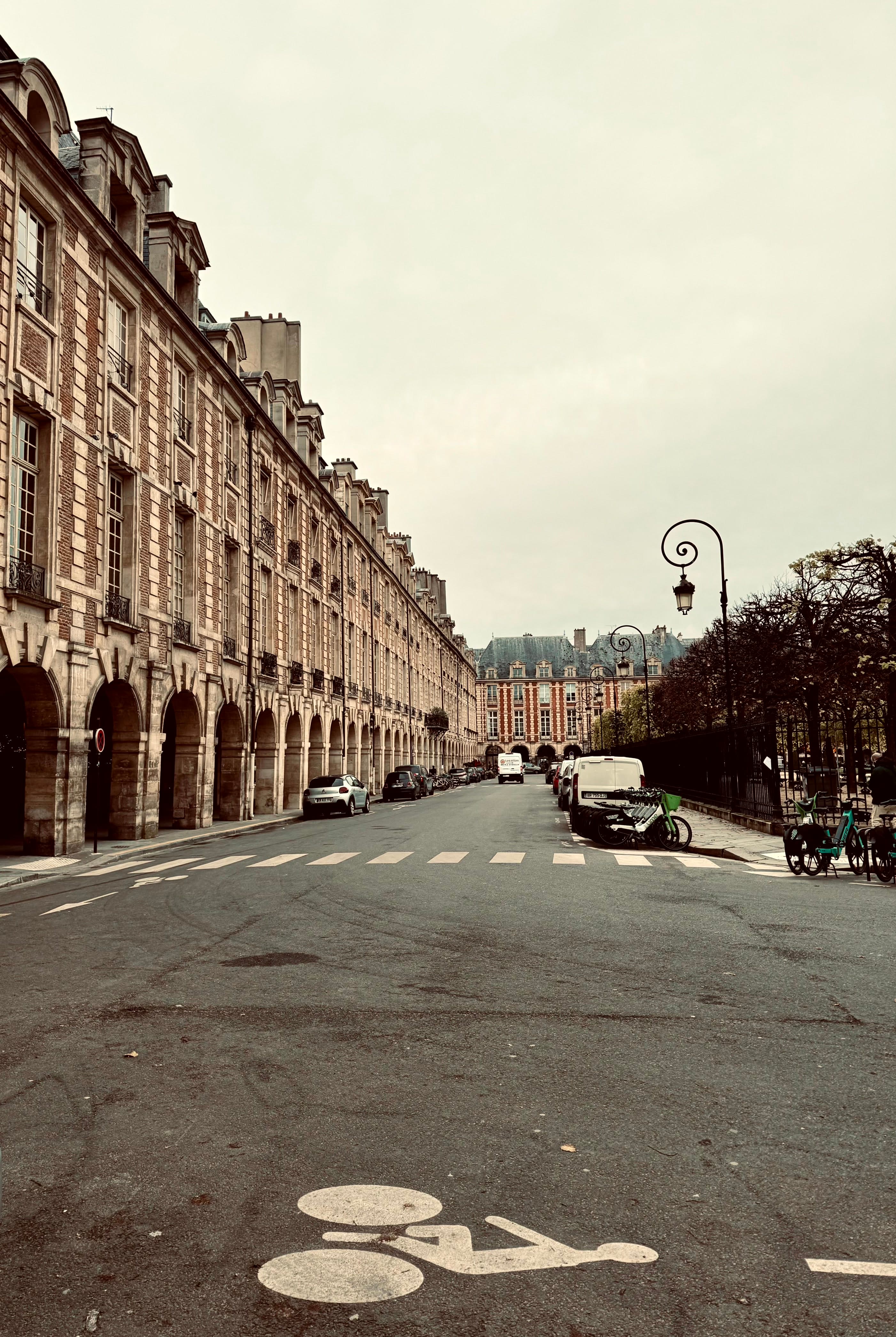 A street view with classic Parisian architecture, a pedestrian crossing and a bicycle lane symbol on the road.