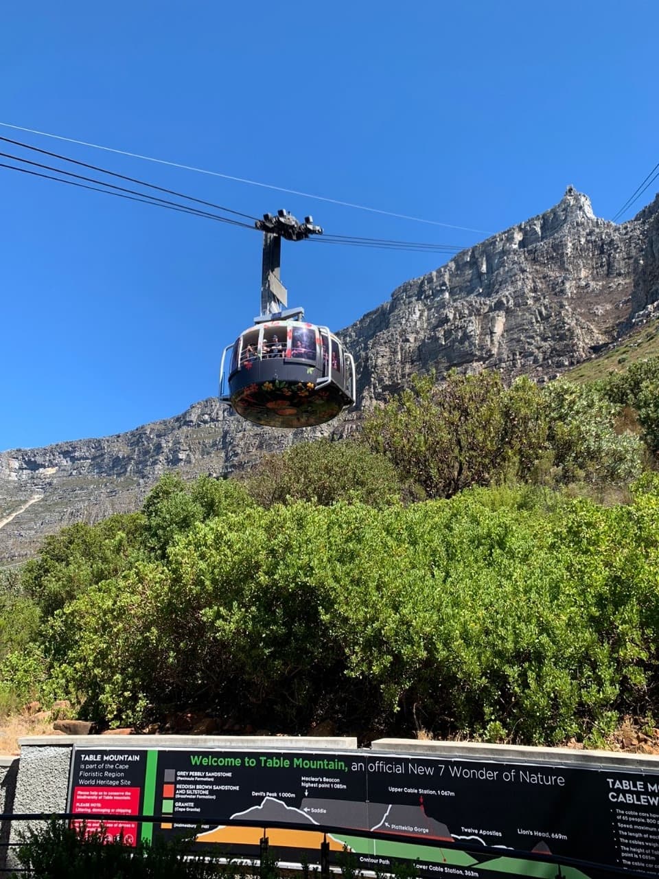 A view from below of a cable car in motion with Table Mountain signage below in Cape Town.