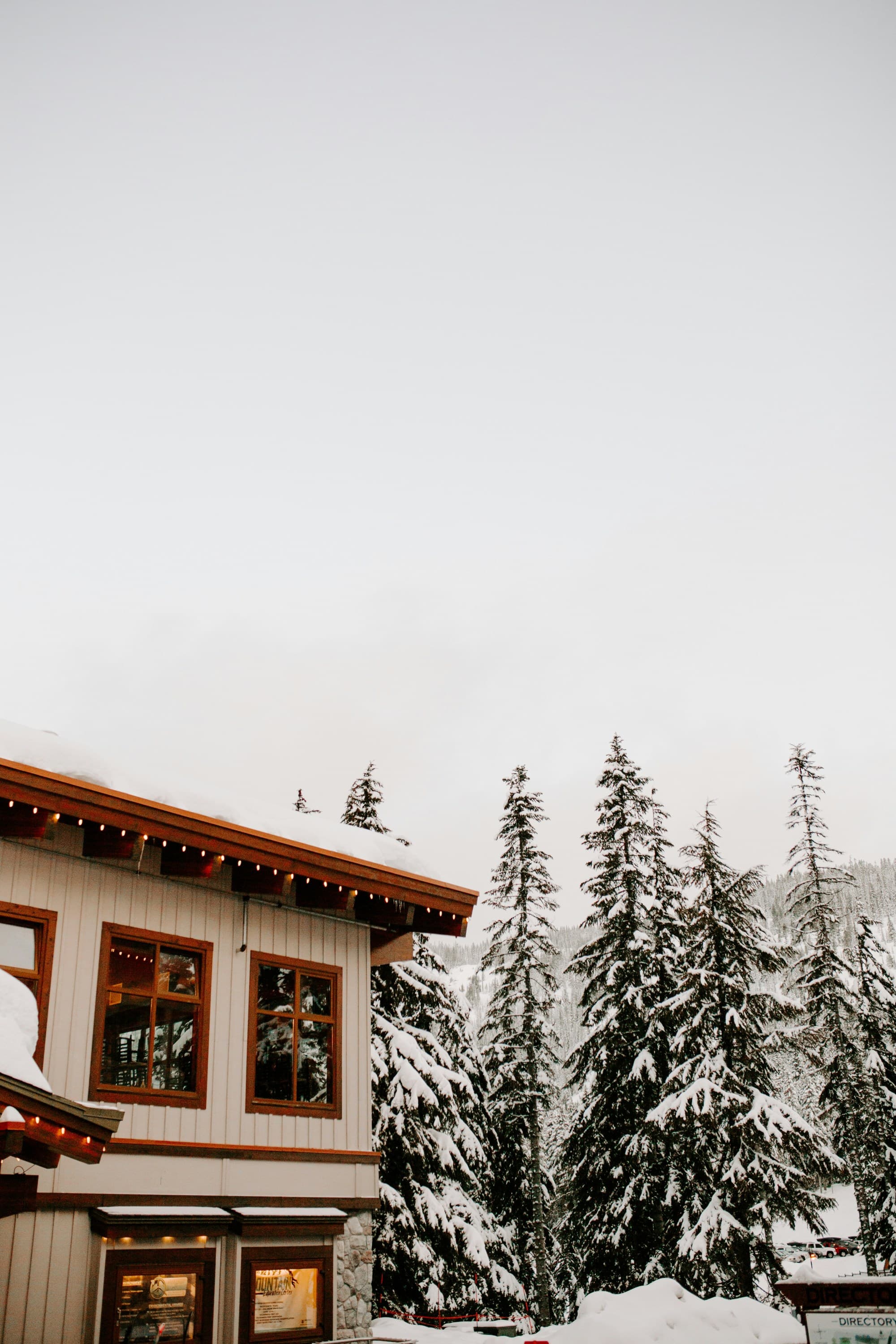 A ski lodge covered in snow with snowy pine trees to the right of it.