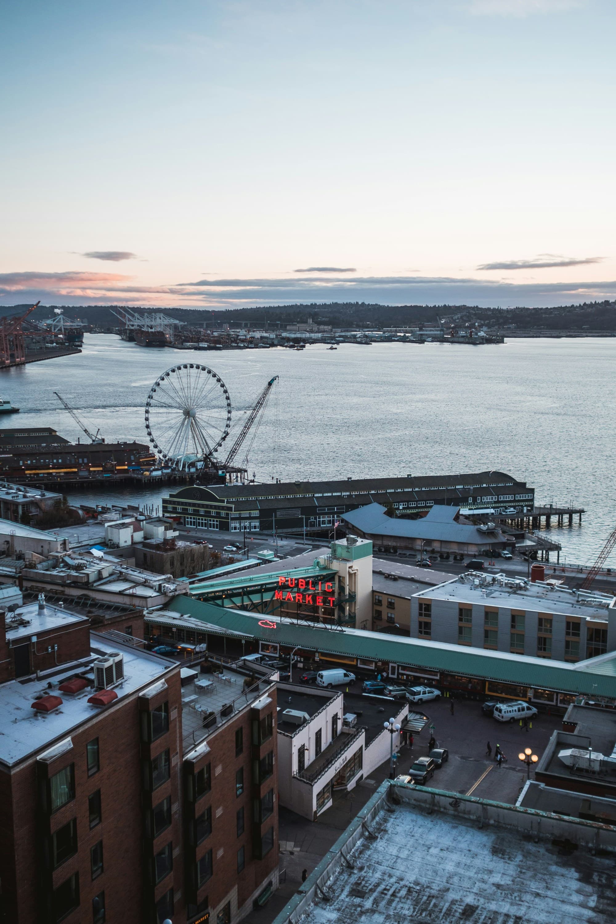 An aerial view of the downtown city during the daytime.