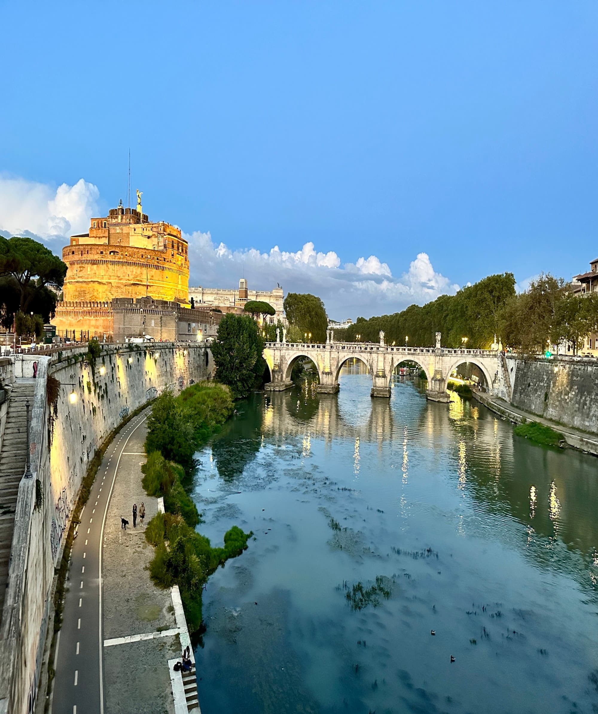 An aerial view of the city with a bridge over the water during daytime.