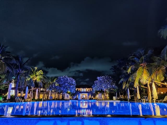 A large blue lit swimming pool with palm trees and a luxurious building in the distance.