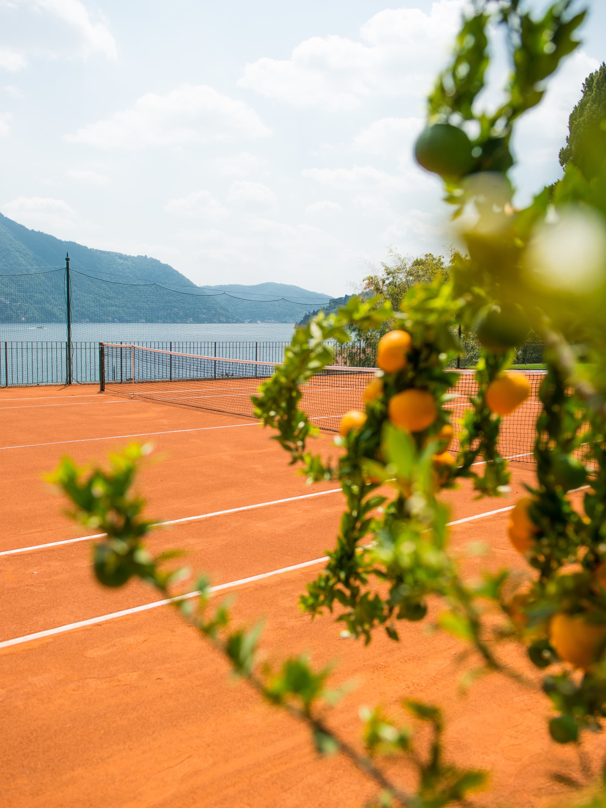 a red-clay tennis court viewed through a green orange tree