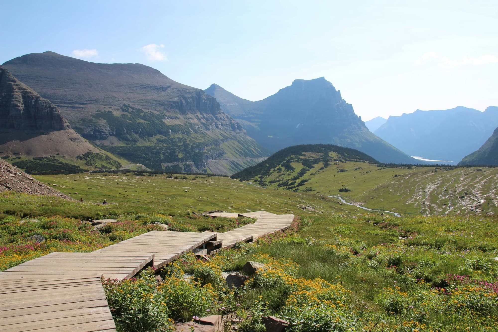 trail with wooden planks leading through a meadow with mountains in the background