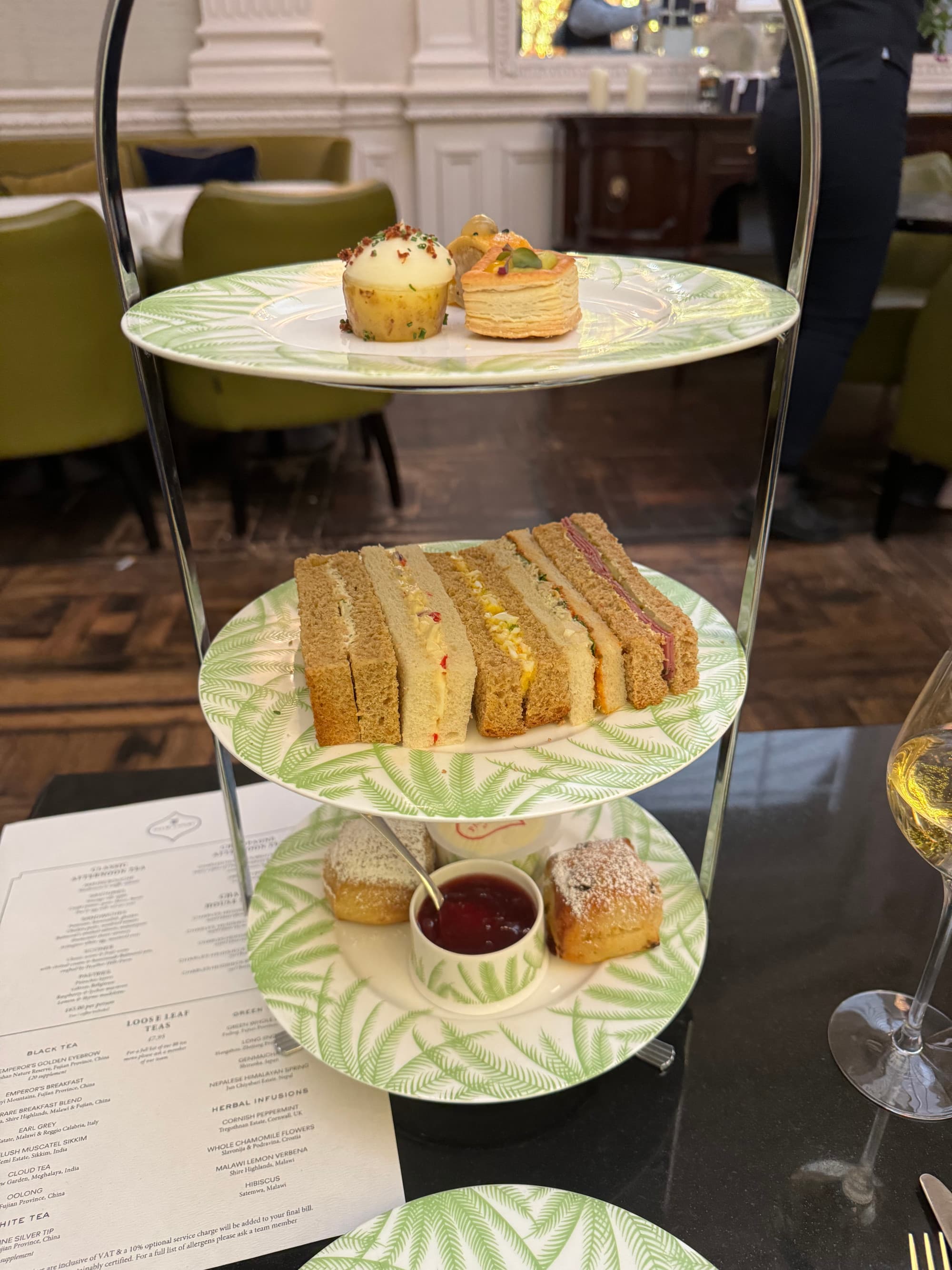 Tray of finger sandwiches, scones, and desserts served at the Balmoral high tea