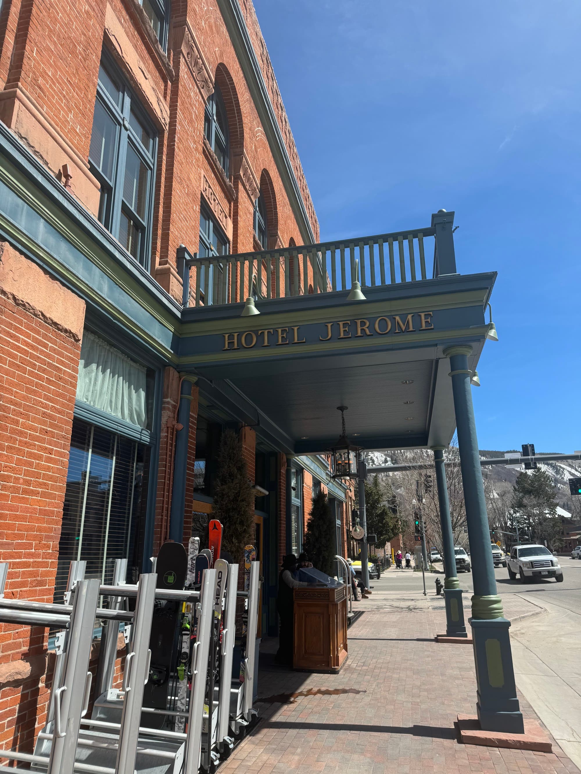 Entrance to the Hotel Jerome, revealing the brick exterior and hotel signage.