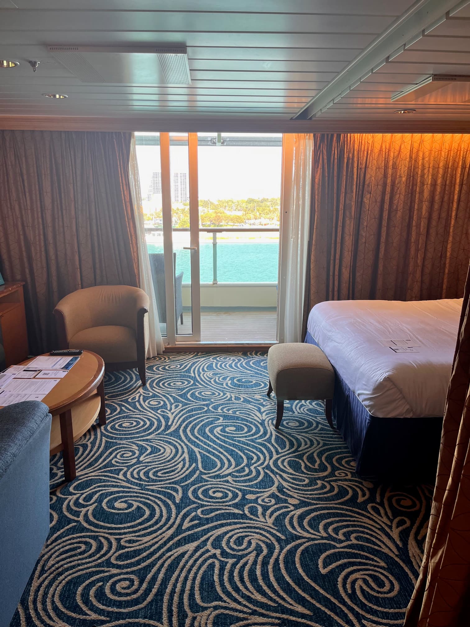 Suite on the cruise ship with patterned carpet