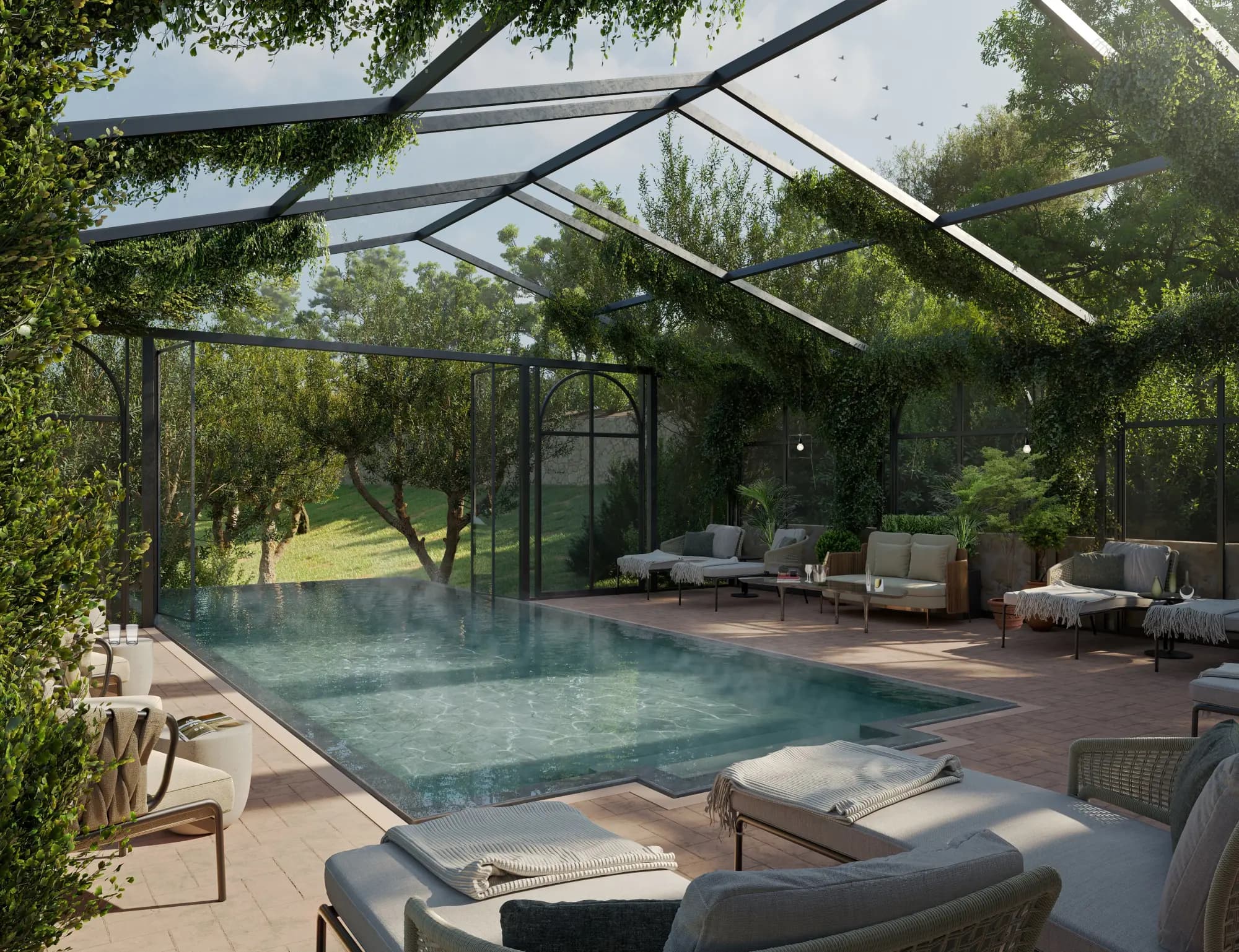an outdoor atrium with a pool surrounded by lounge chairs