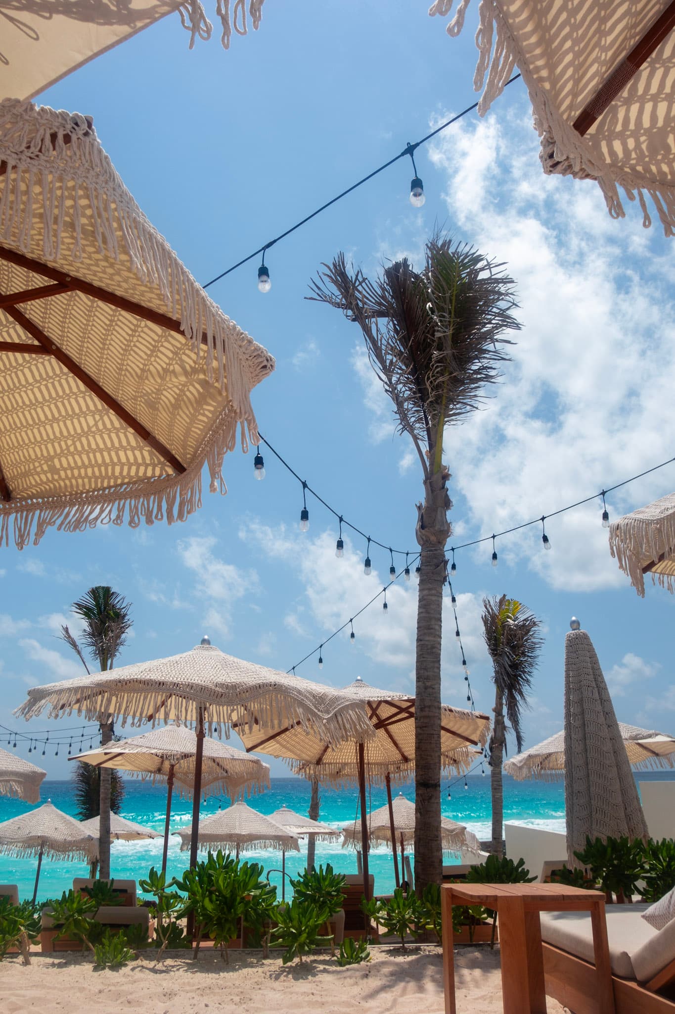 A festive scene at Ennea Beach Club, with sun beds, umbrellas, and stringed, hanging lights for when the sun goes down.