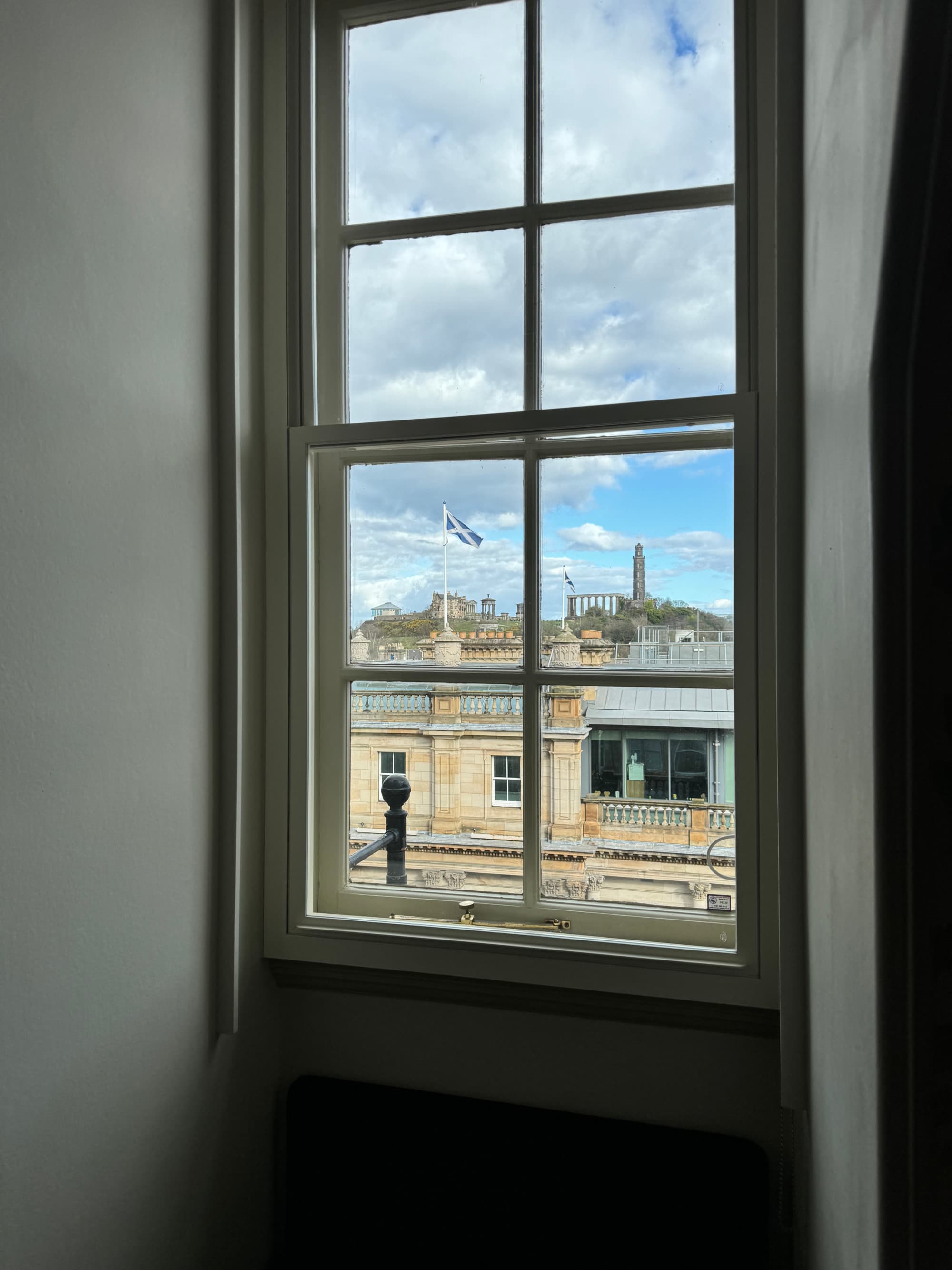 View of Edinburgh from the window of the Balmoral on a sunny day