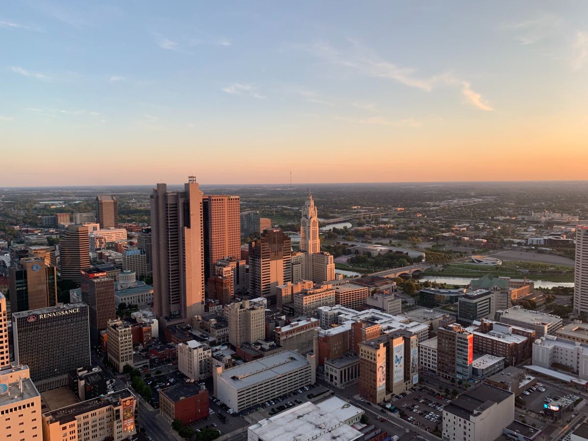 Cluster of skyscrapers at sundown