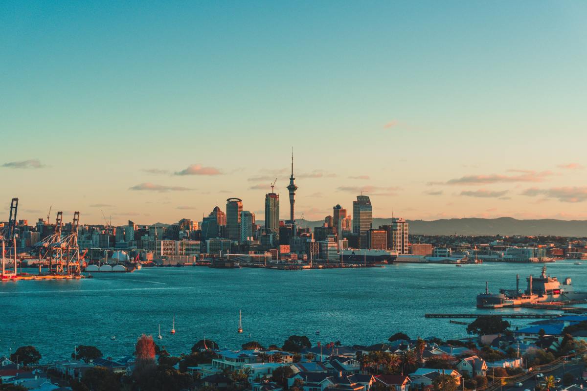 Skyline of Auckland and building during sunset.