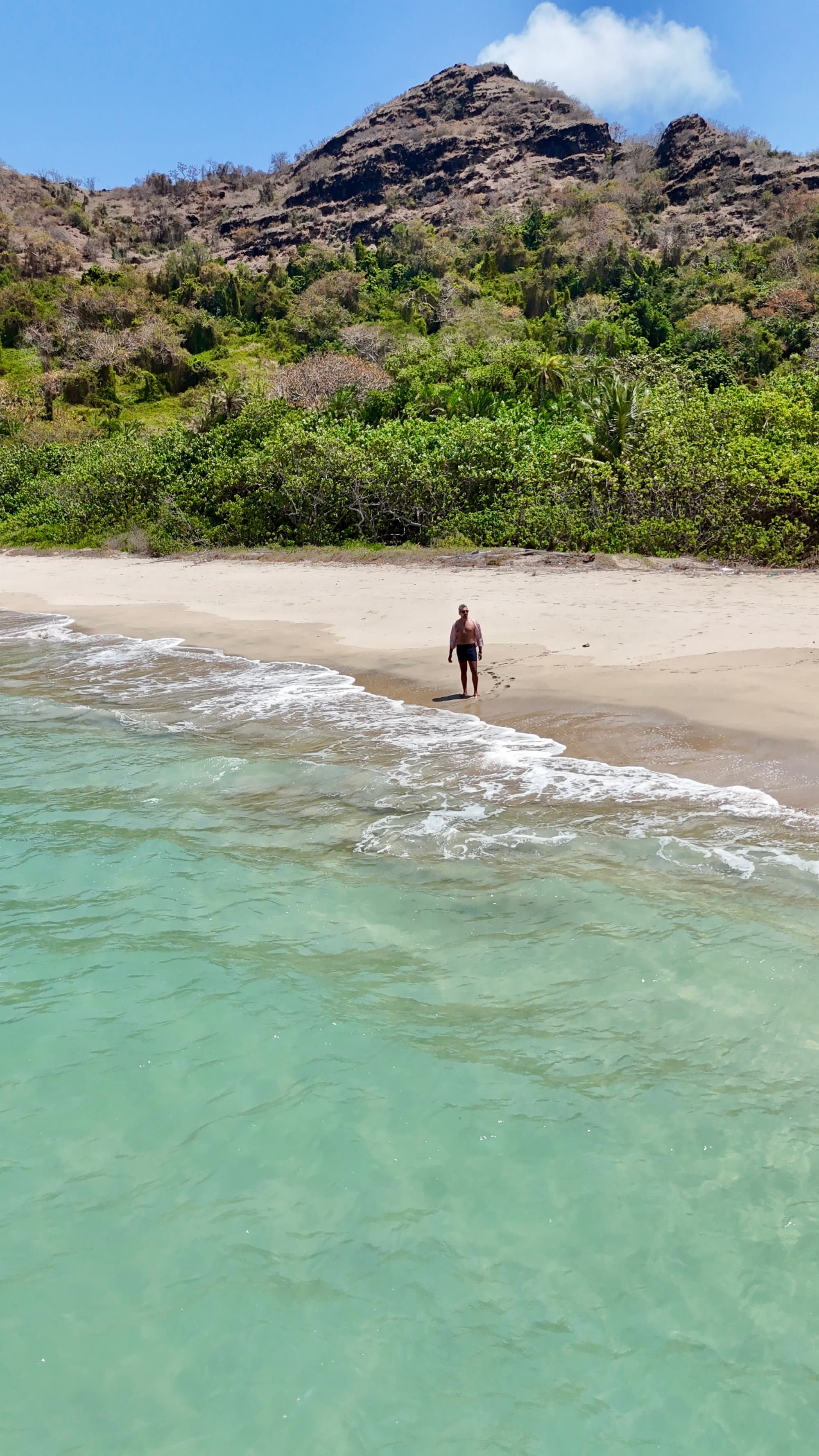 A view of a person walking along the shoreline with calm waves washing up on the beach, white sand and a hill with green grasses behind them on a sunny day.