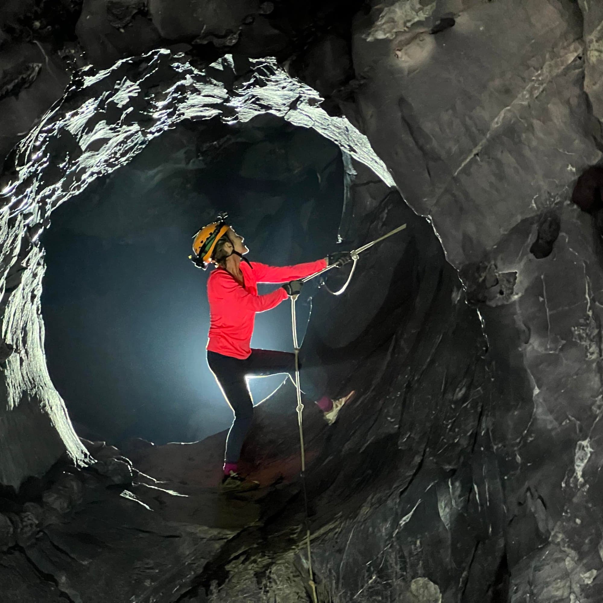 Cave diver descending into the James Bond Hole at Son Doong.